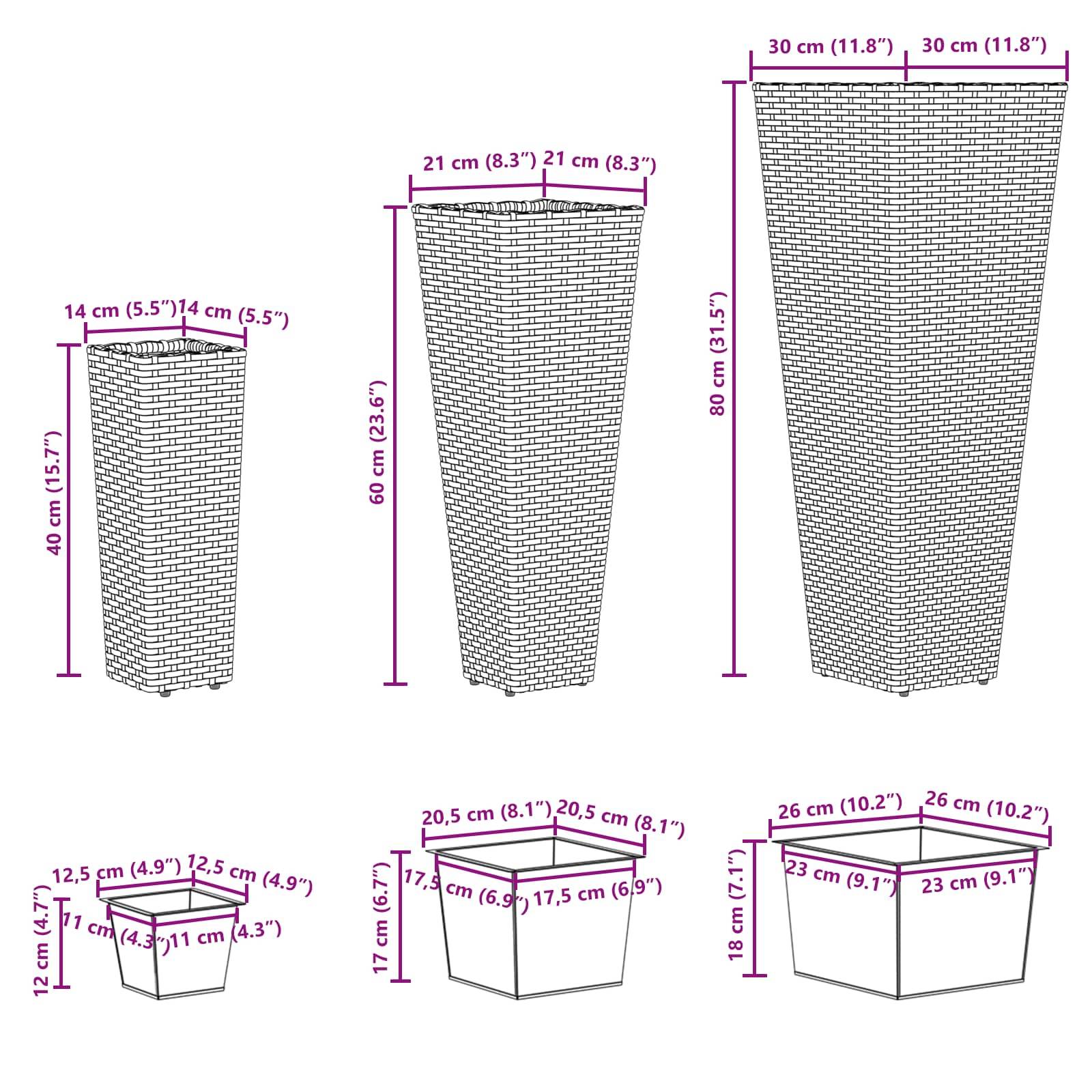 Drei Weidenkörbe in verschiedenen Höhen: 40 cm, 60 cm und 80 cm. Obere Abmessungen: 14 cm, 21 cm und 30 cm respectively. Die Diagramme zeigen Messungen.