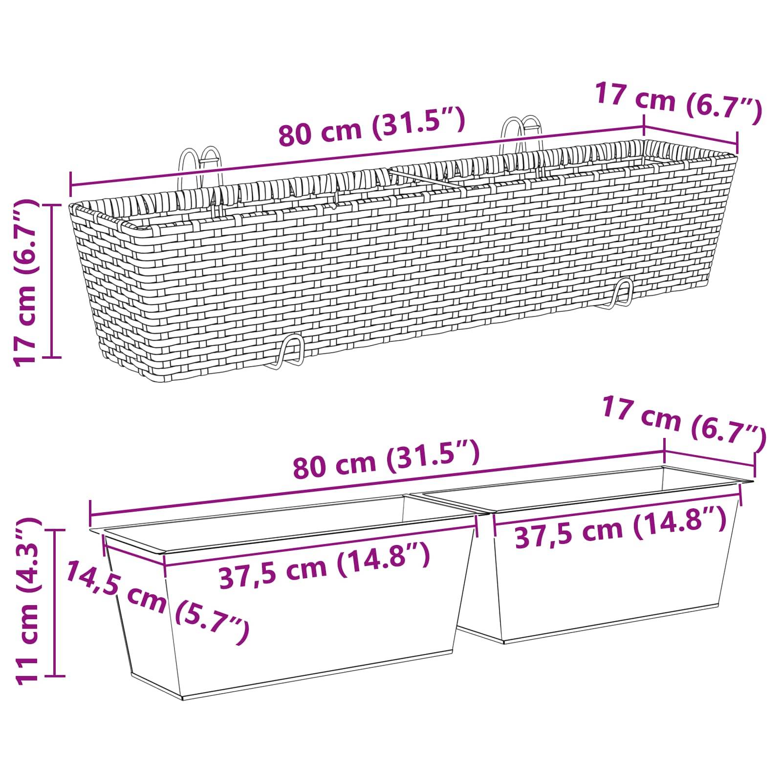 vidaXL Balkon 2 pcs 80 x 17 x 17 cm Metall