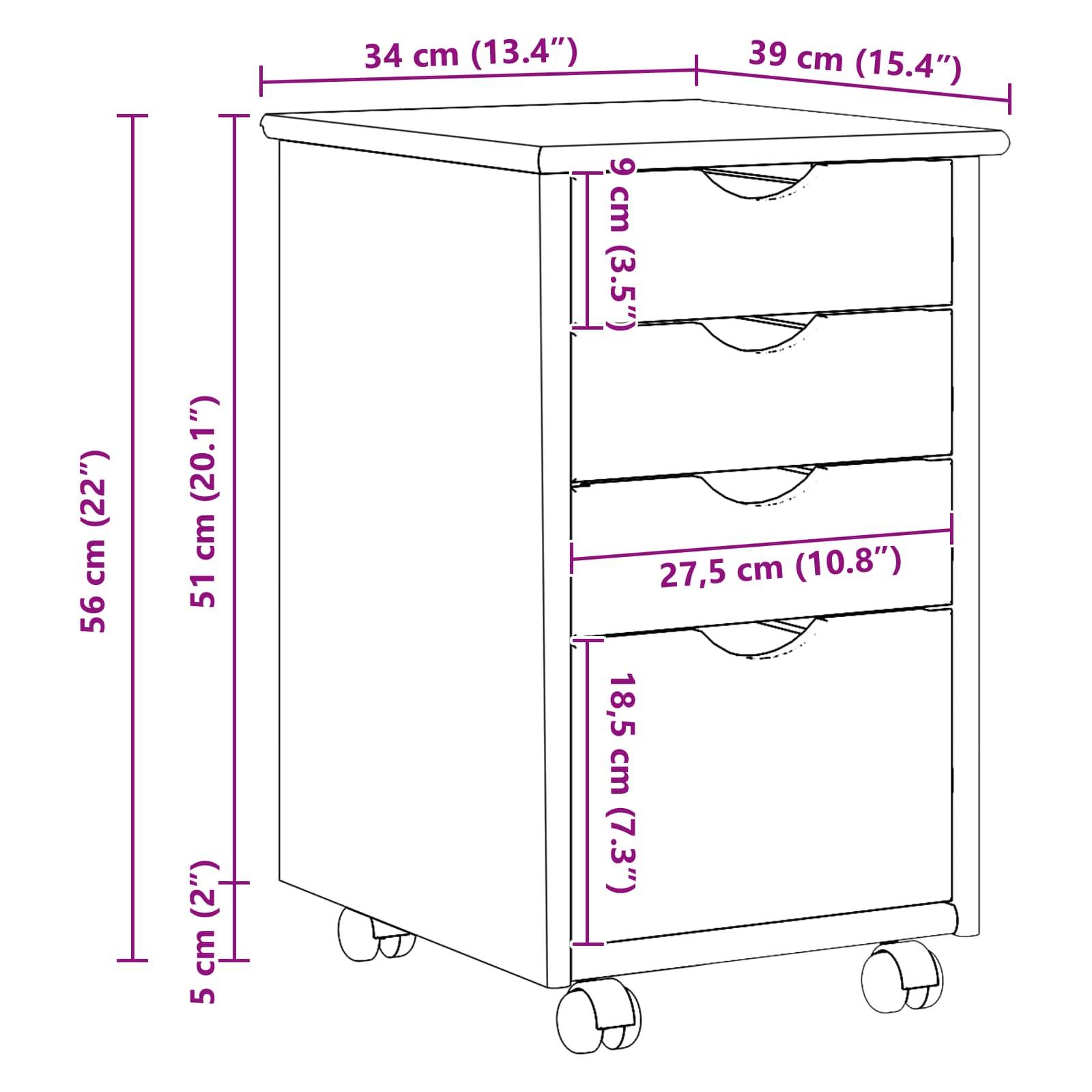 vidaXL Rollschrank Mit Rad Weiß 34 x 39 x 56 cm Massives Kiefernholz