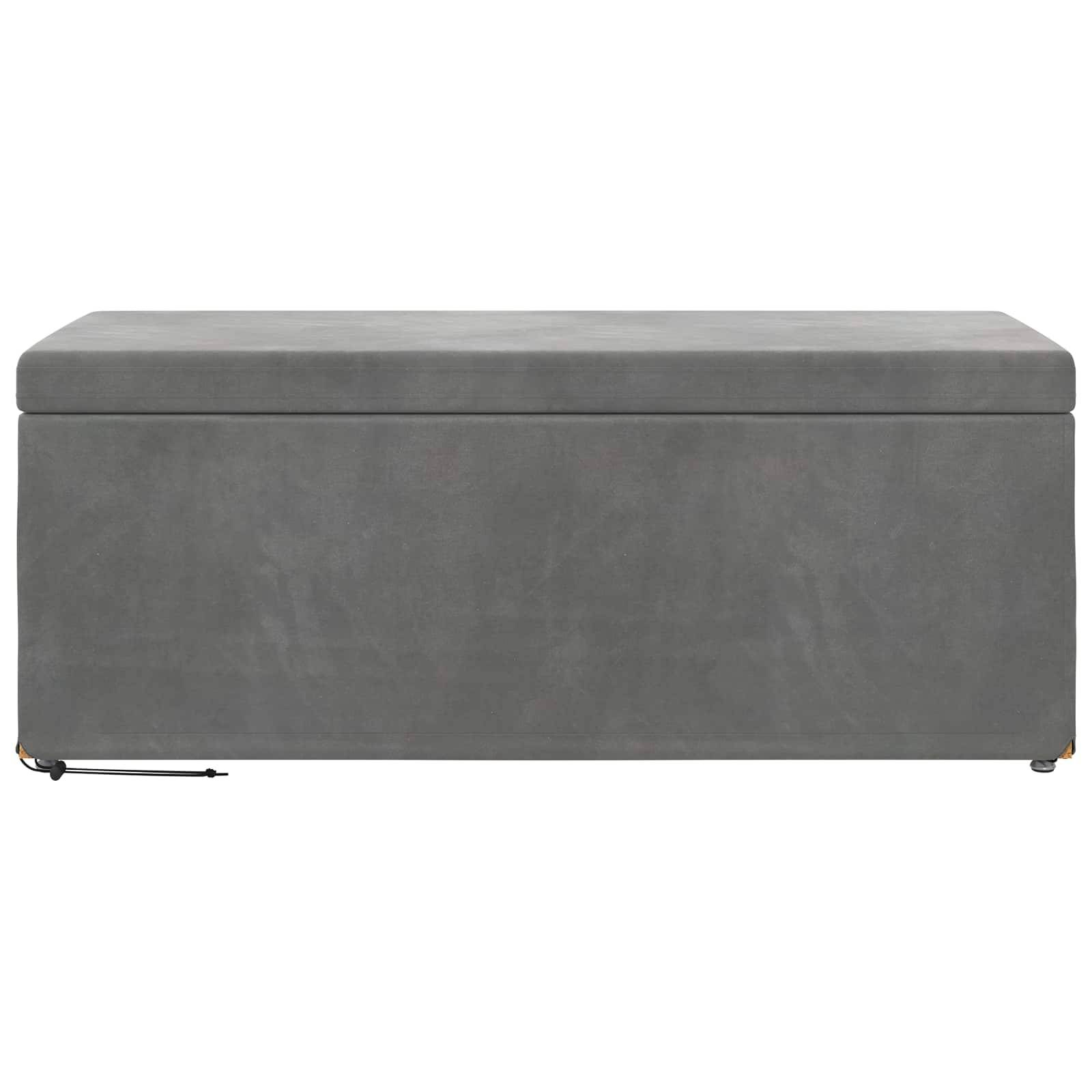 Graue rechteckige Speicherbank mit gepolstertem Deckel, geeignet zum Sitzen oder Lagern, kombiniert Funktionalität und modernes Design.