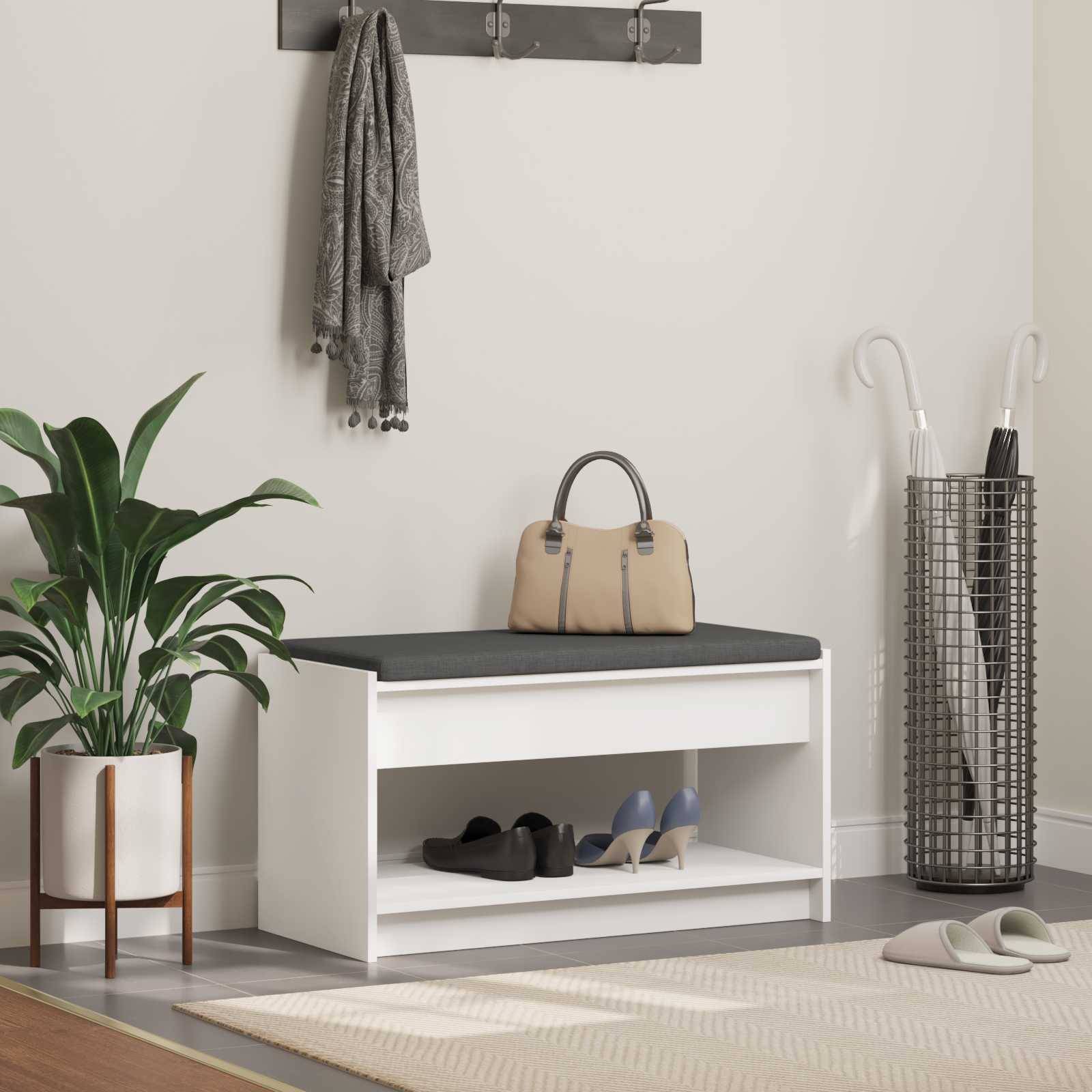 vidaXL Flurbank mit Kissen mit Regal mit Speicher Weiß 83 x 38 x 45 cm