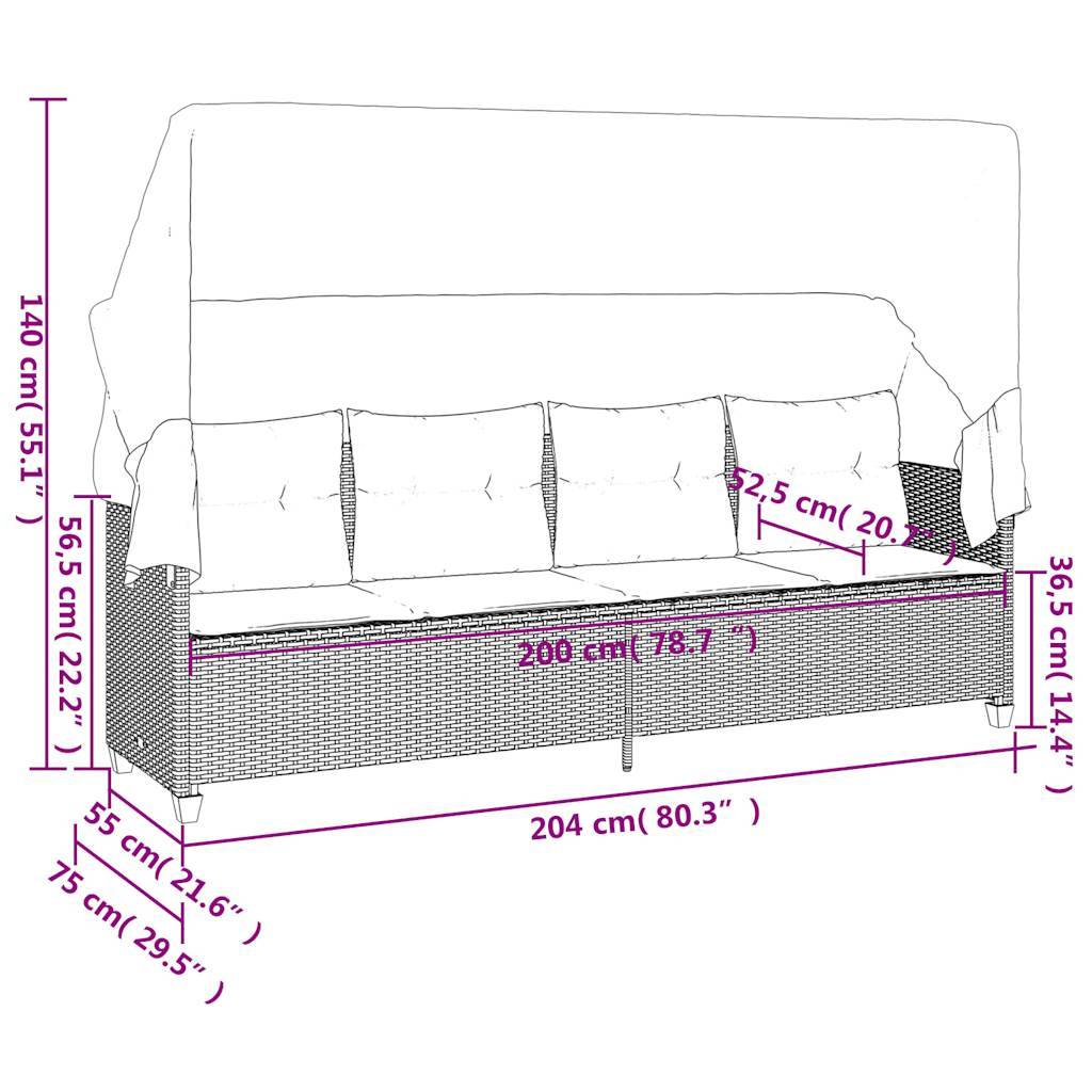 Outdoor-Sofa mit Baldachin, Abmessungen beschriftet: Breite 204 cm, Höhe 365 cm, Tiefe 140 cm. Sitzhöhe 55 cm, Armlehne 75 cm.