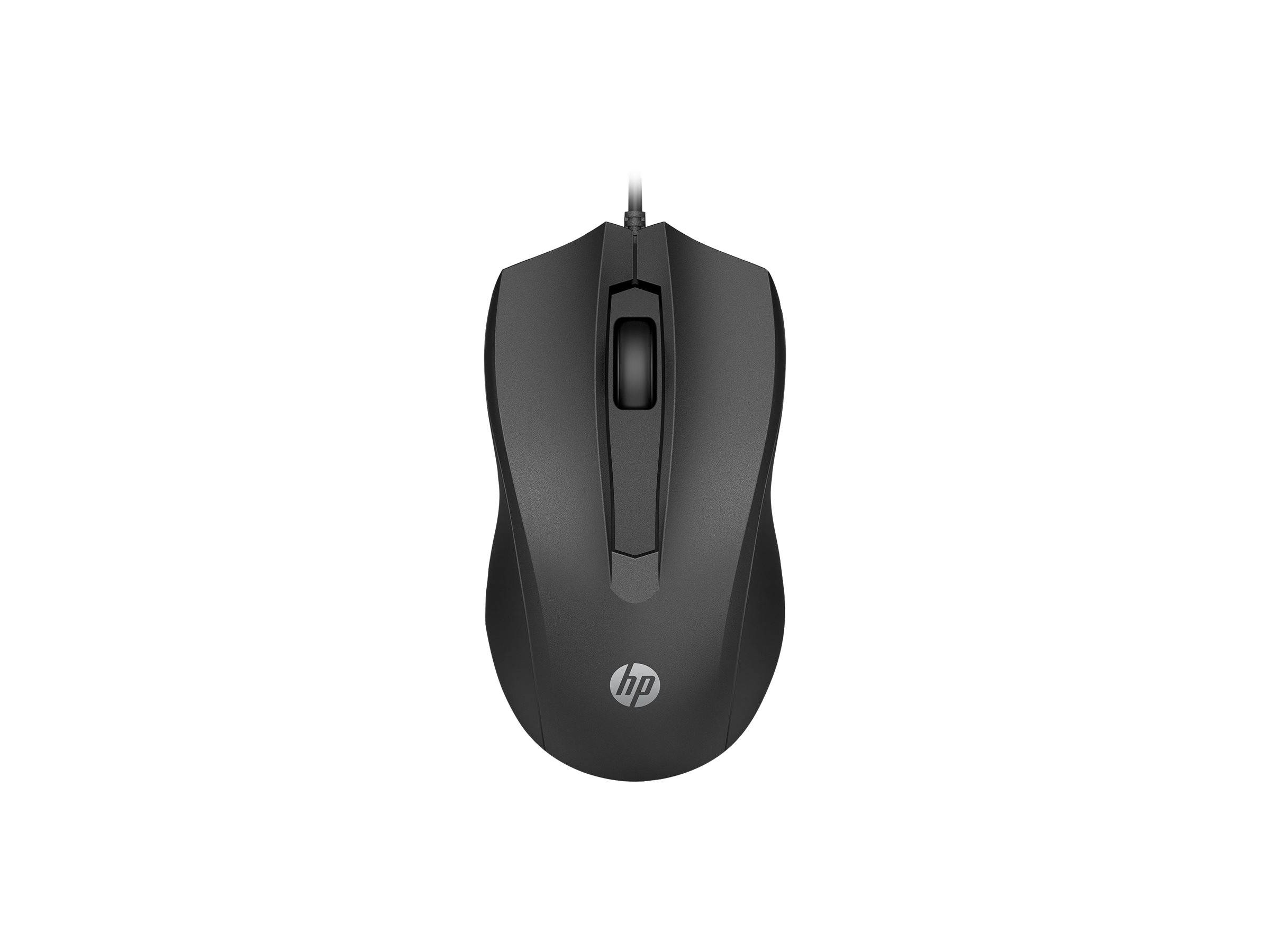 Schwarze kabelgebundene HP-Computermaus von oben auf weißem Hintergrund gezeigt.