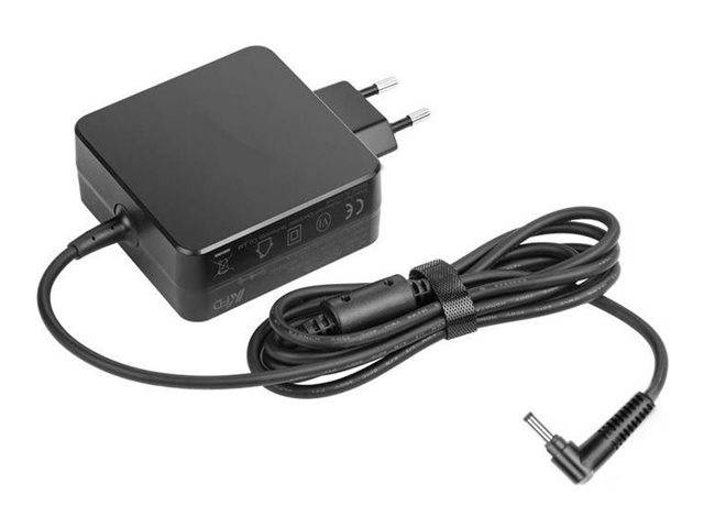 Schwarzer Wechselstromadapter mit europäischem Stecker und angeschlossenem Kabel mit rechtwinkligem Hohlsteckverbinder.