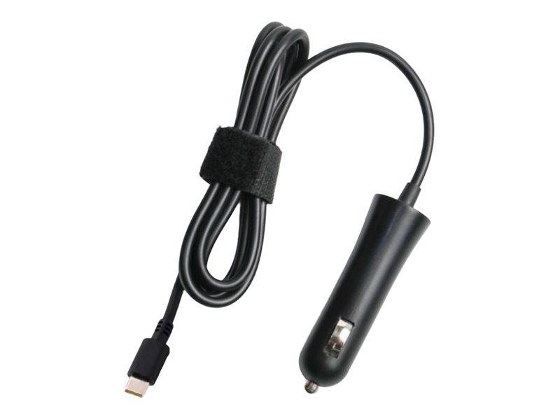 Schwarzes USB-C-Autoladeladekabel mit Zigarettenanzünder-Stecker, aufgerollt und mit einem Klettverschluss gesichert.