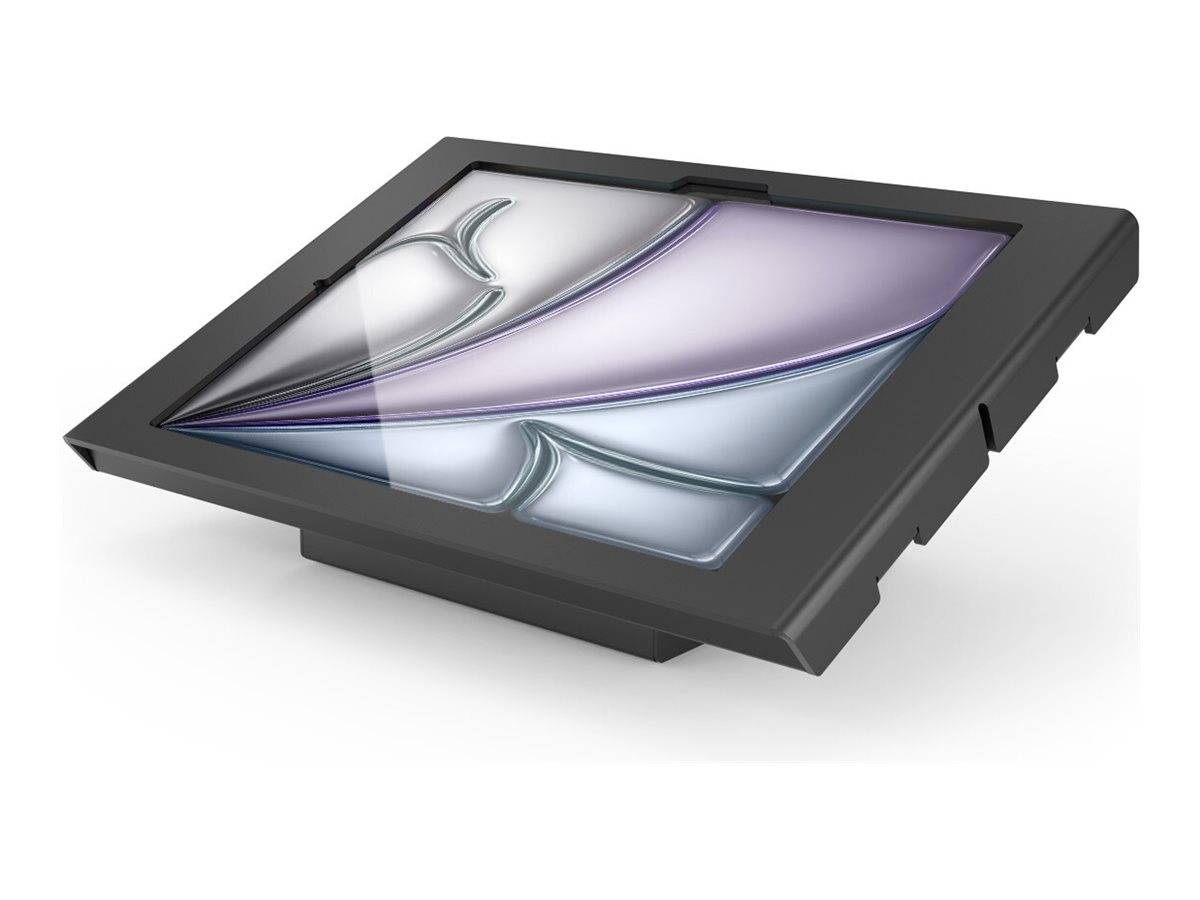 Ein flaches schwarzgerahmtes Anzeigetafel mit einem abstrakten metallischen, violetten und silbernen wellenförmigen Design auf weißem Hintergrund.