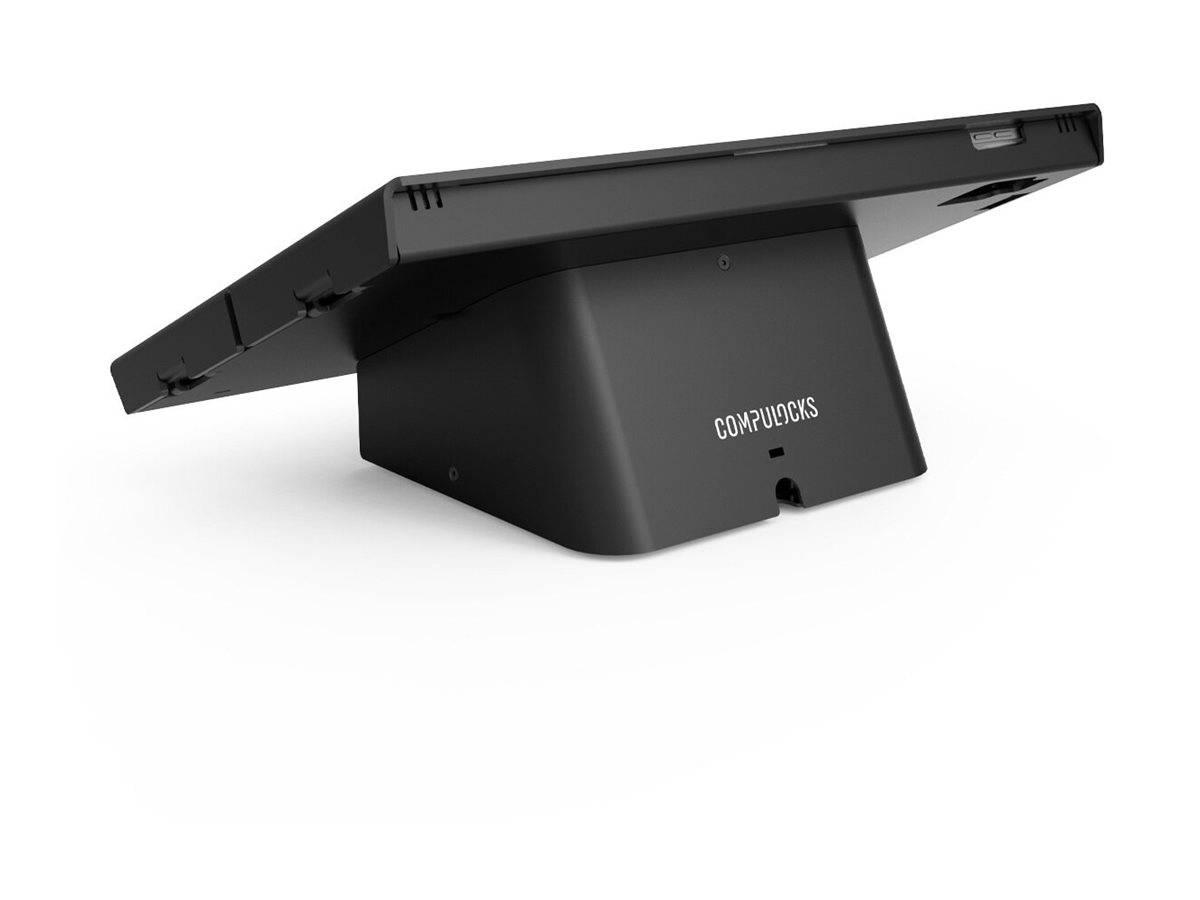 Schwarzer Compulocks Tablet-Sicherheitsständer mit einem flach montierten Tablet in einem Winkel auf einer flachen Basis.