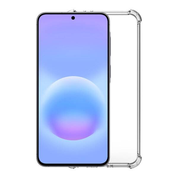 Vorderansicht eines Smartphones mit blauviolettem Bildschirm in einer durchsichtigen Schutzhülle.