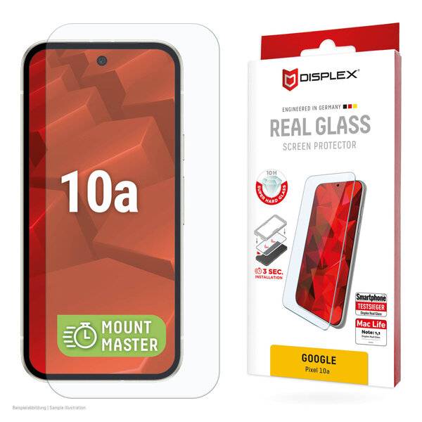 Displex Echtglas-Displayschutz für Google Pixel 10a, gezeigt auf einem Telefon und in Produktverpackung, mit 
