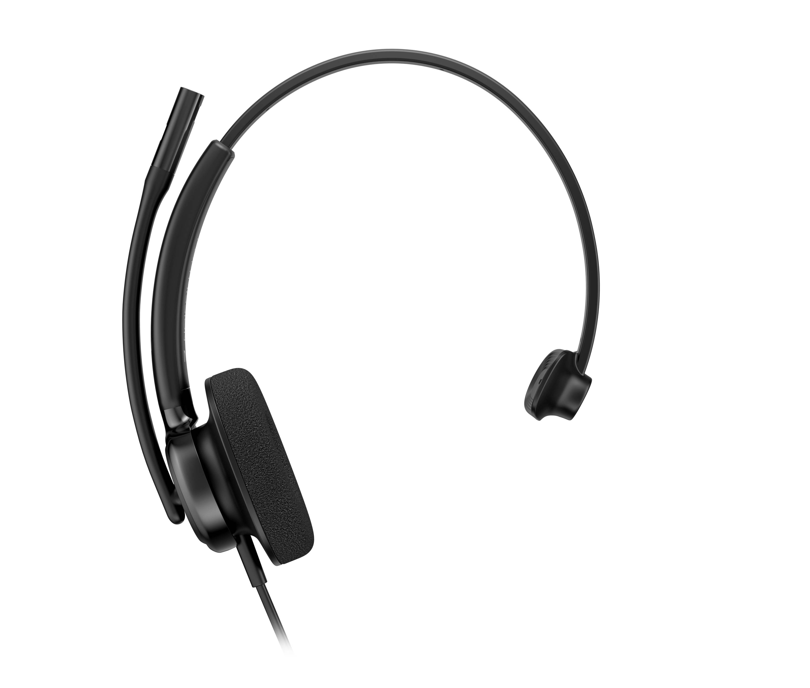Schwarzes Over-Ear-Kopfhörer-Set mit Boom-Mikrofon auf schwarzem Hintergrund.