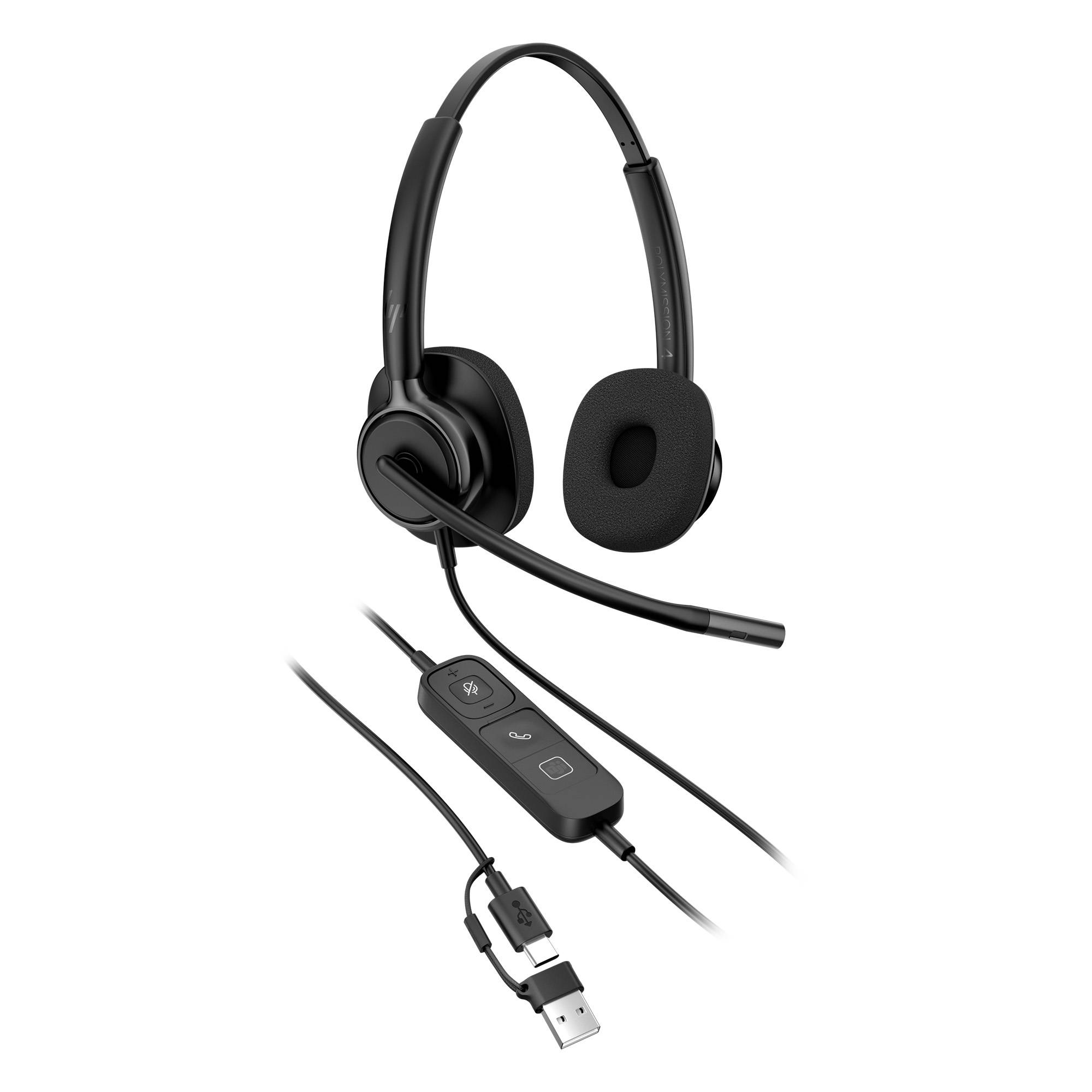Schwarzes kabelgebundenes Over-Ear-Headset mit Boom-Mikrofon und integrierten USB-Steuertasten auf weißem Hintergrund.