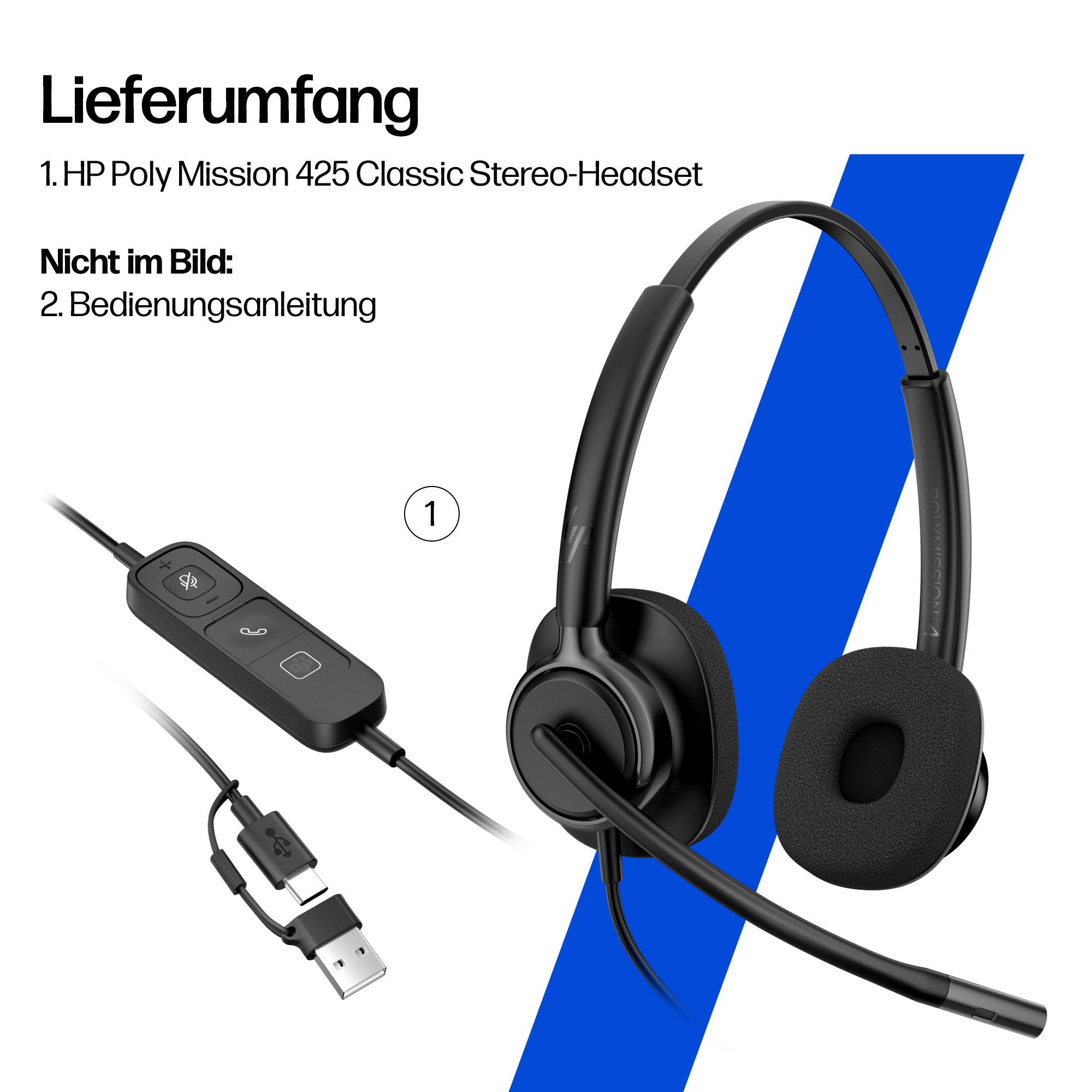 Produktinhaltsabbildung, die ein HP Poly Mission 425 Classic Stereo-Headset mit Inline-Steuerung und USB-Kabel zeigt; Bedienungsanleitung nicht abgebildet.