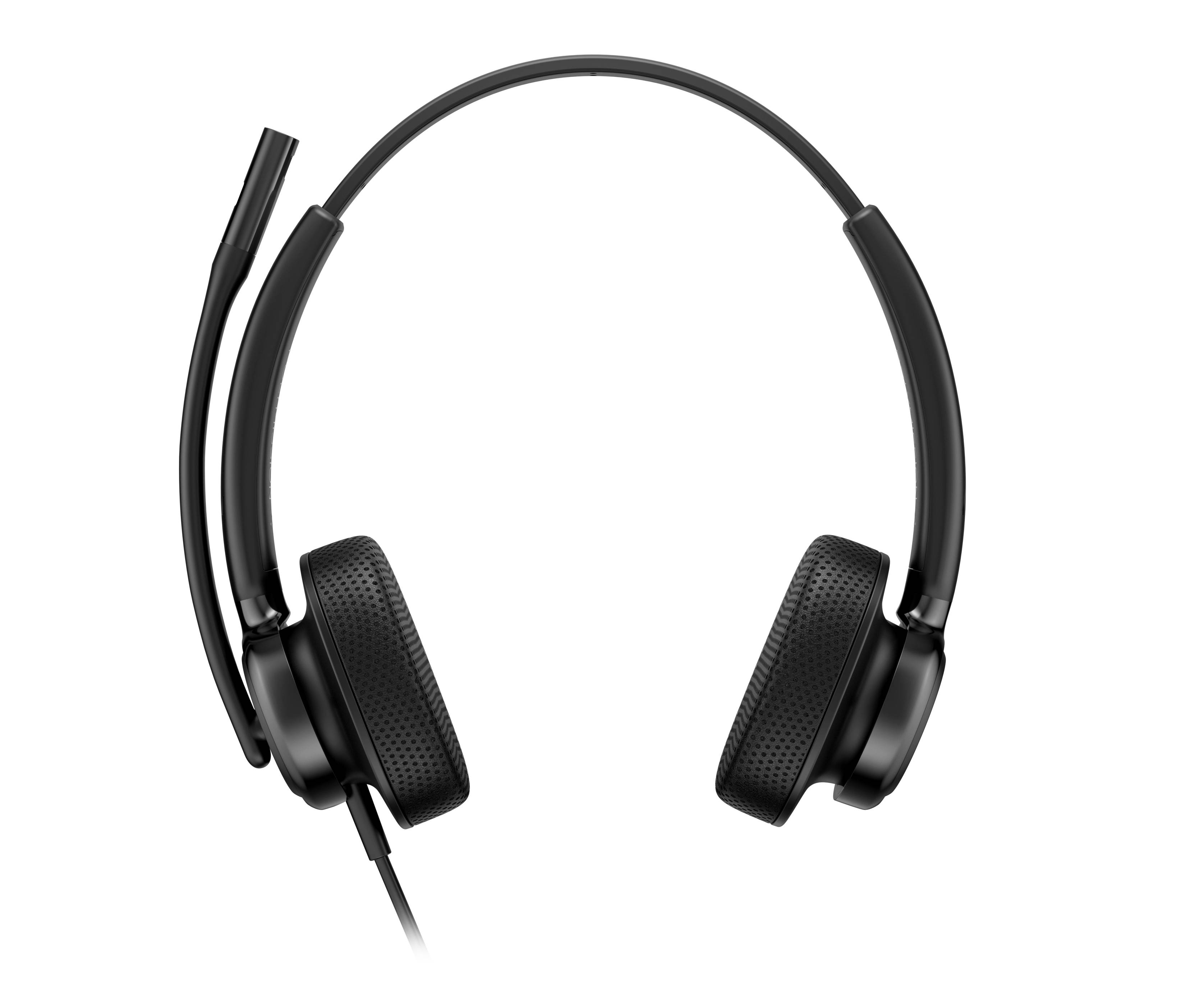 Schwarzes Over-Ear-Headset mit Boom-Mikrofon, Vorderansicht auf dunklem Hintergrund dargestellt.