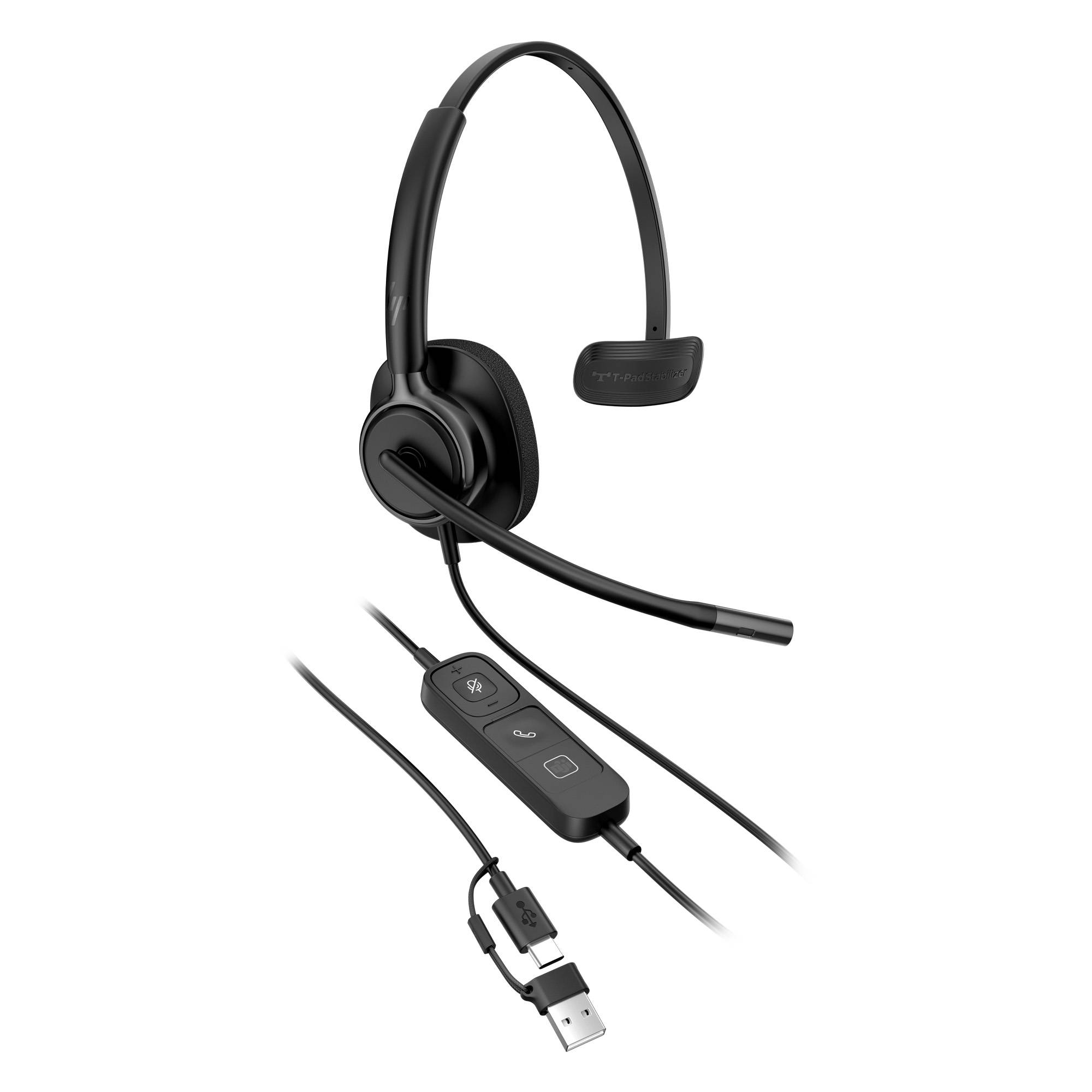 Schwarzes Over-Ear-Kopfhörer-Headset mit Kabelmikrofon und Inline-Steuereinheit, dargestellt mit USB-Anschluss auf weißem Hintergrund.