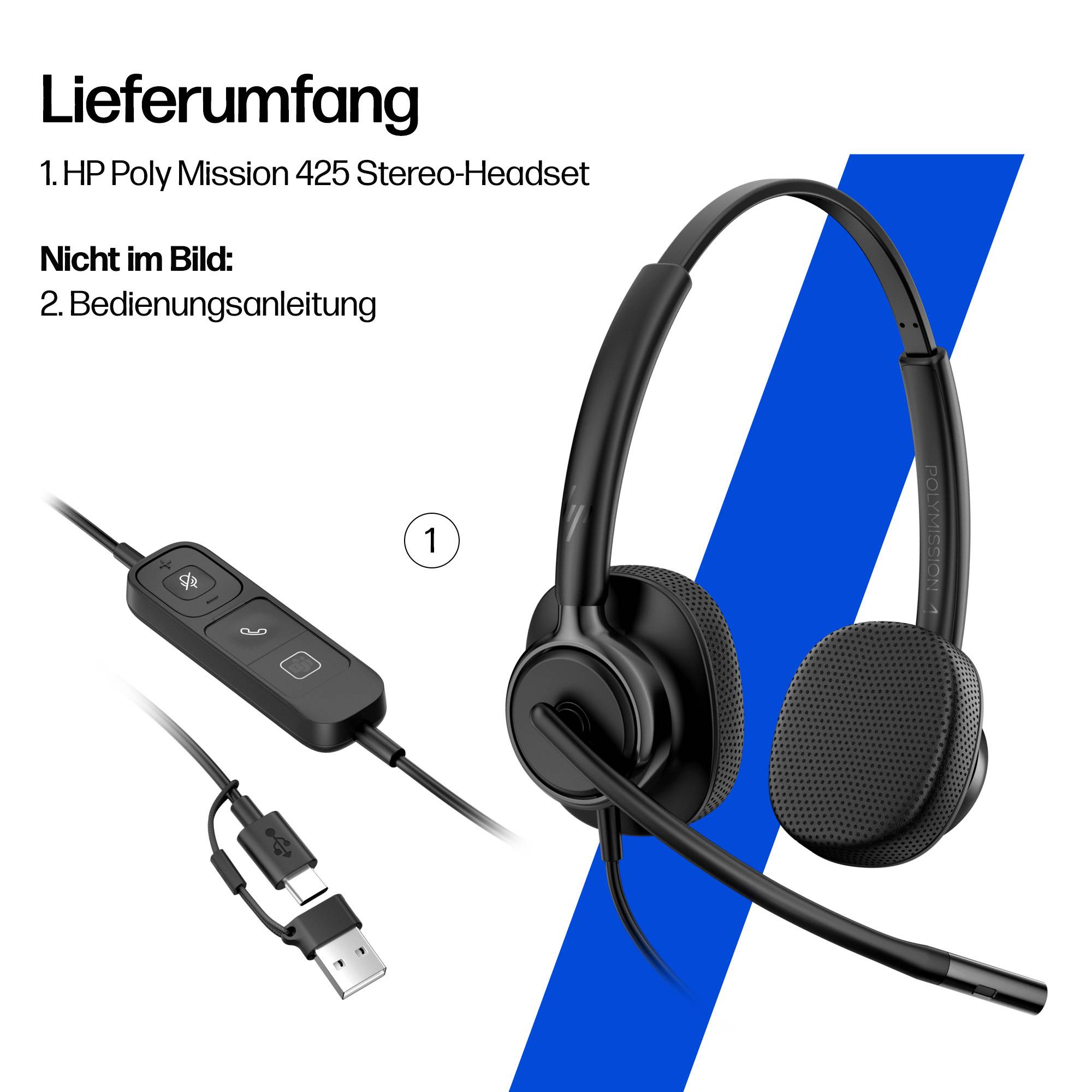Produktinhaltsabbildung mit HP Poly Savi 425 Stereo-Kopfhörer mit USB-Controller in der Leitung; Text besagt „Lieferumfang