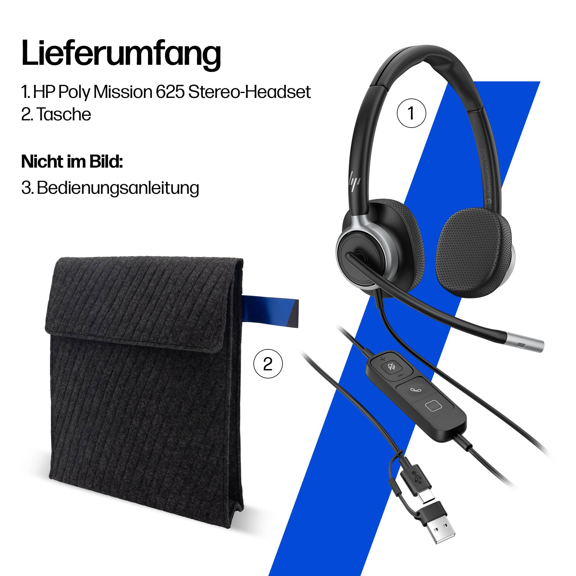 Produktinhalte-Bild mit einem HP Poly Mission 625 Stereo-Kopfhörer und Transporttasche; Text weist darauf hin, dass die Anleitung nicht angezeigt wird.