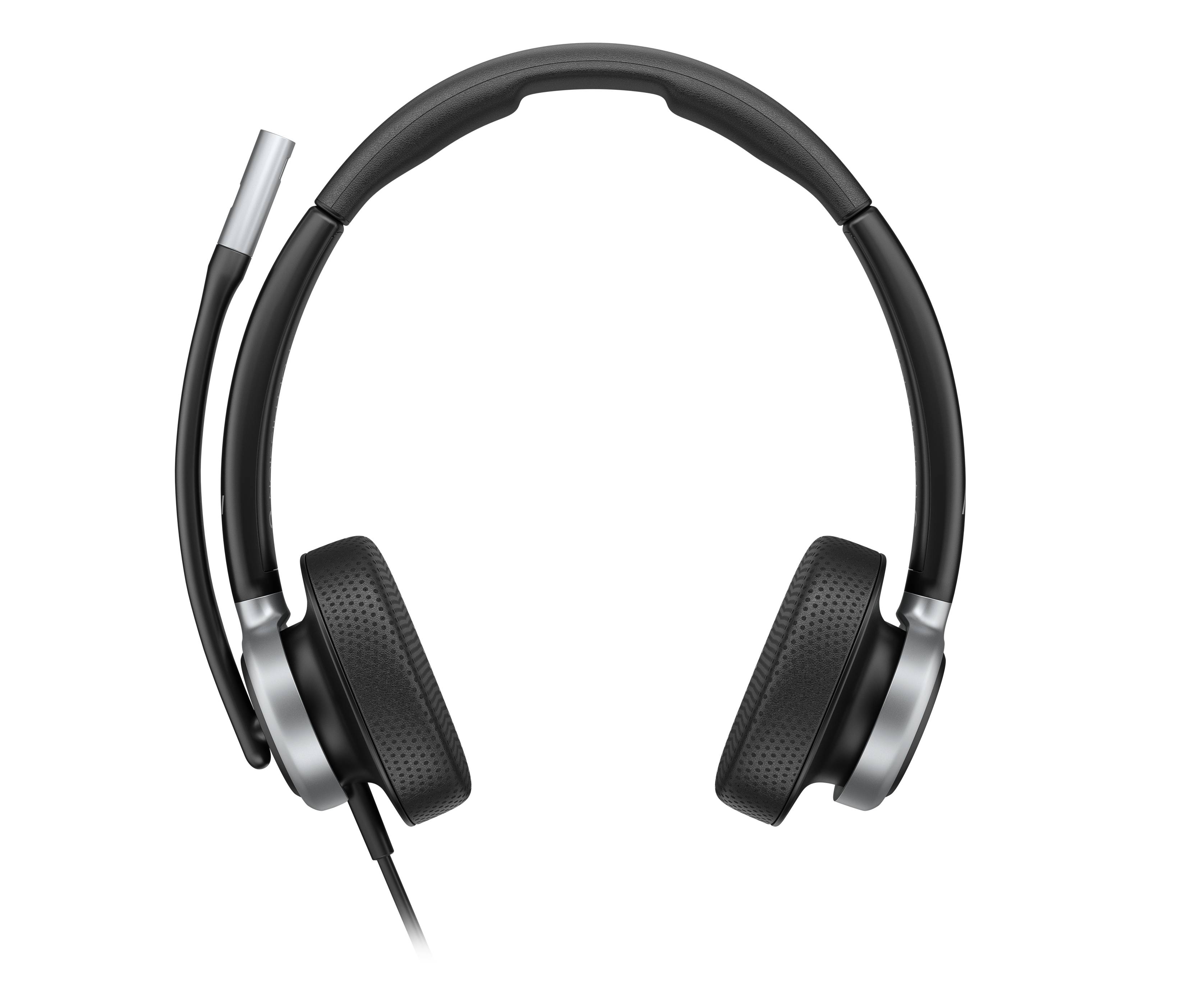 Schwarzes Over-Ear-Kopfhörer-Set mit Kabel und Mikrofon-Ausleger, frontal auf schwarzem Hintergrund gezeigt.
