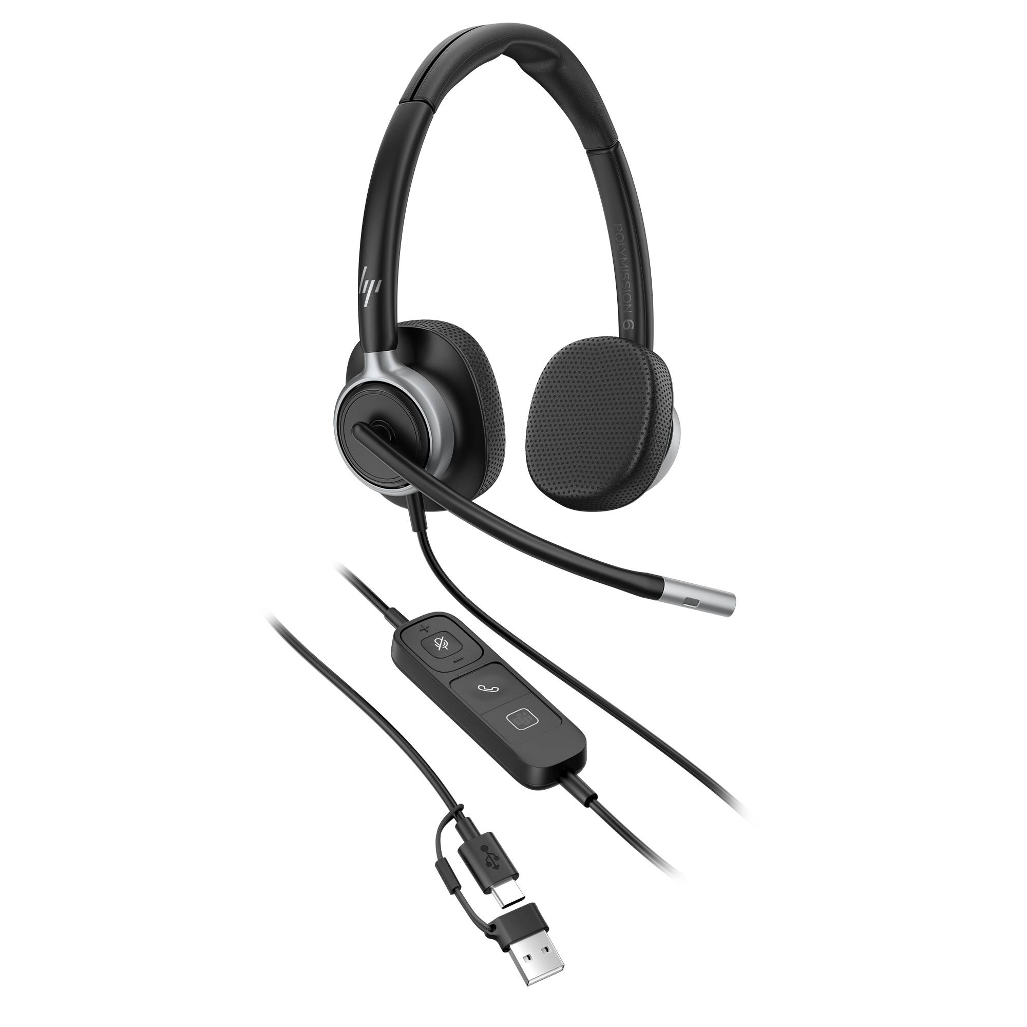 Schwarzes Over-Ear-Kopfhörer mit Kabelverbindung, Boom-Mikrofon, Inline-Anruf-/Stummschalt-Funktion und USB-Verbindung.