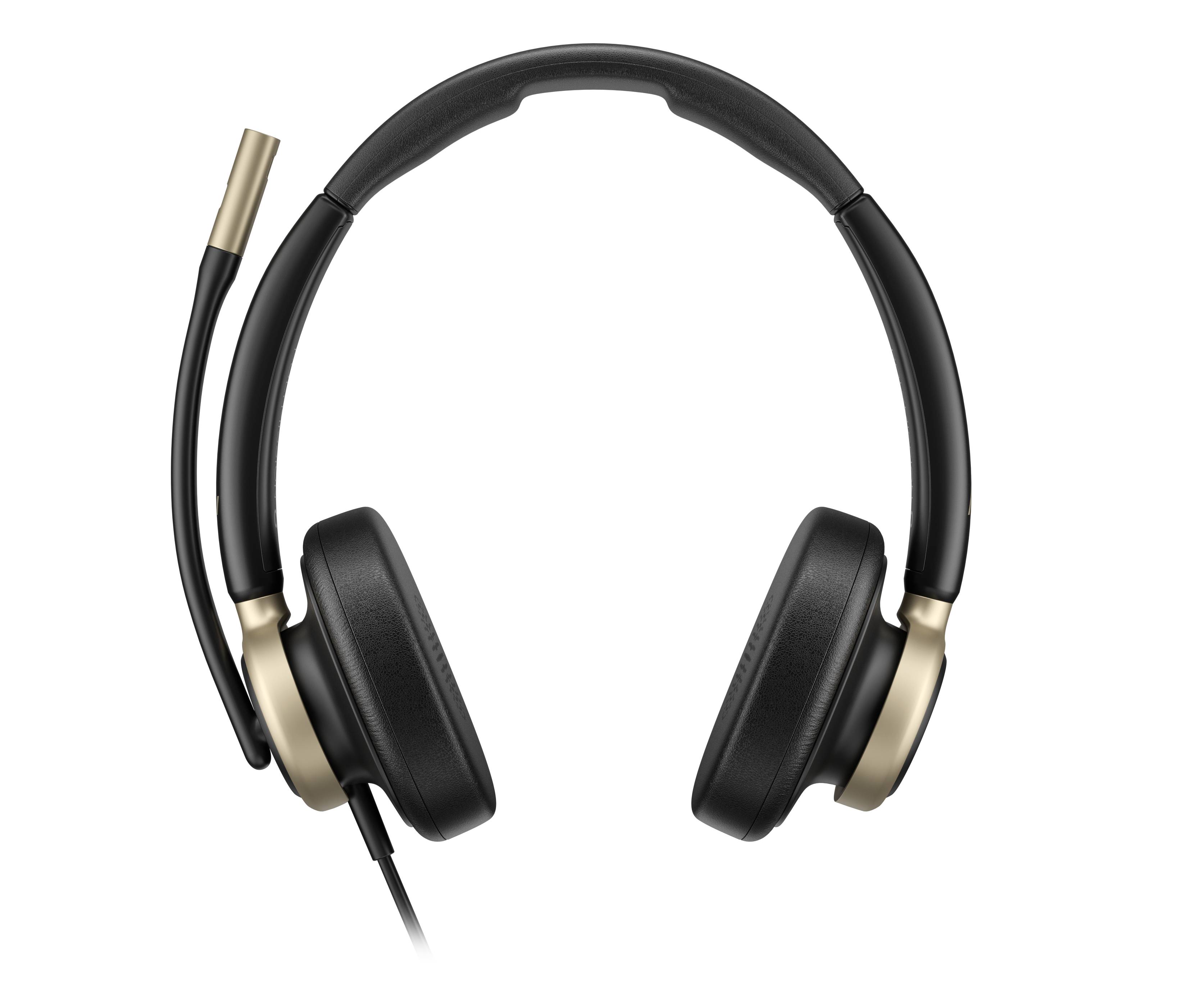 Schwarze Over-Ear-Kopfhörer mit goldenen Akzenten, Vorderansicht auf schwarzem Hintergrund.
