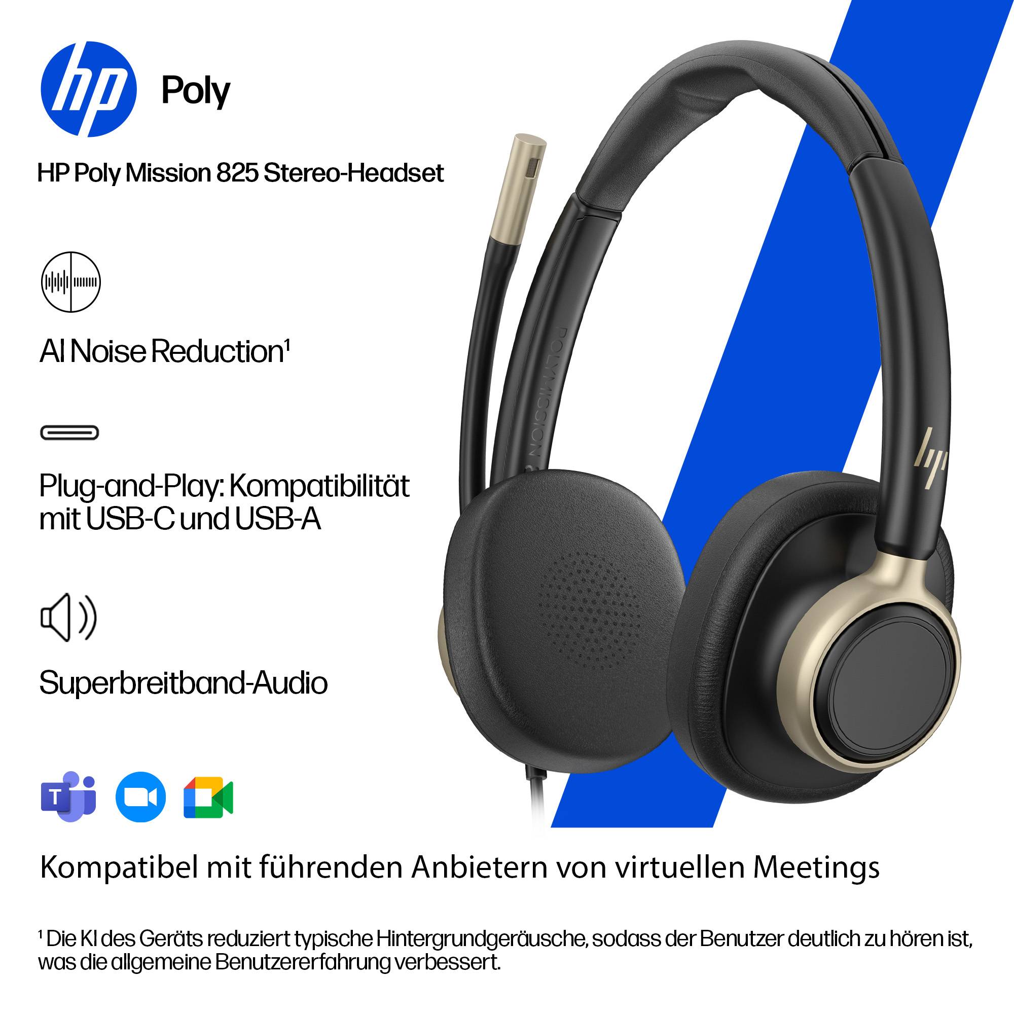 HP Poly Mission 825 Stereo-Headset mit KI-Rauschunterdrückung, Plug-and-Play-USB-C-/USB-A-Kompatibilität und umfassender Unterstützung für Virtual-Meeting-Apps.