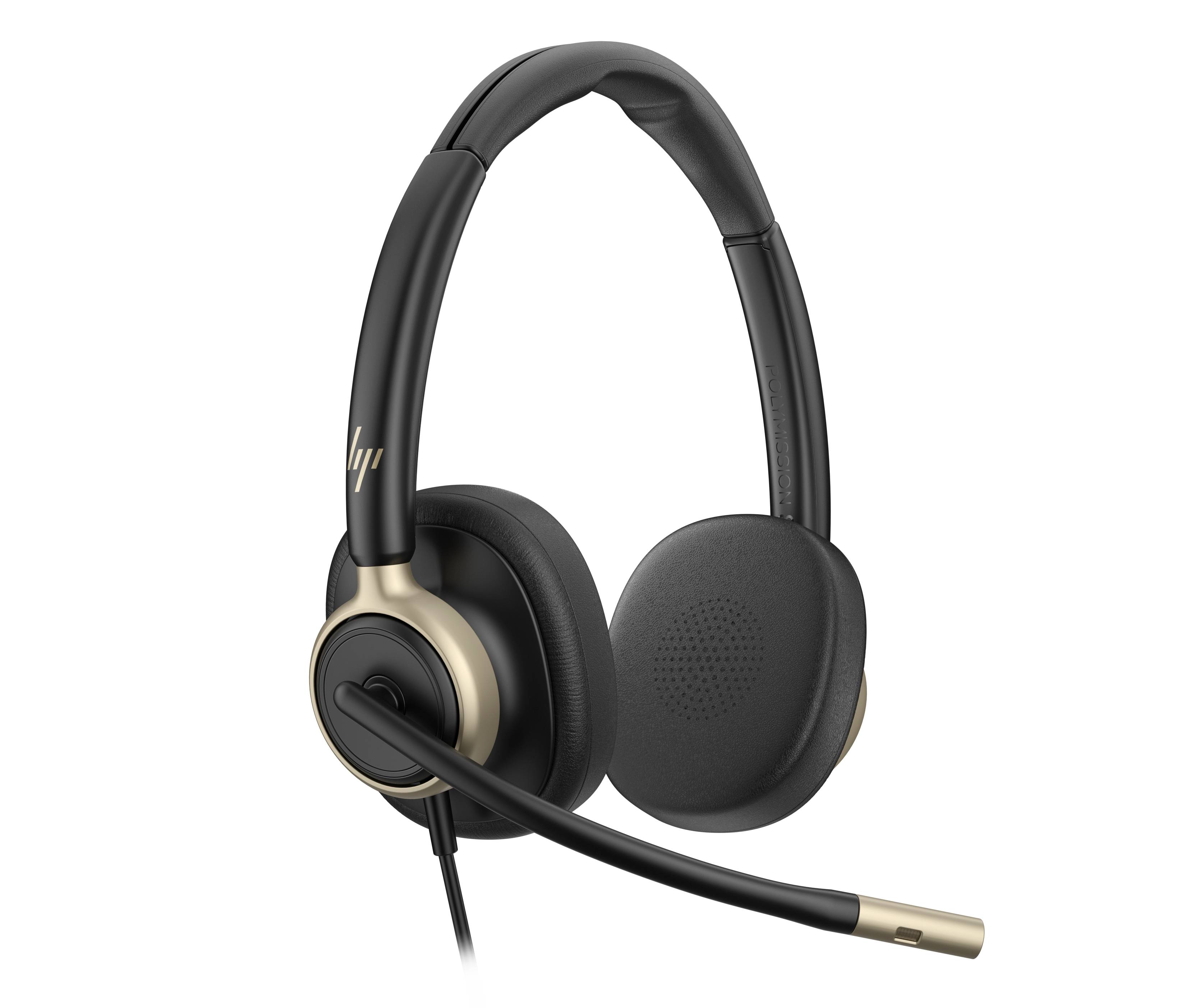 Schwarzes Over-Ear-Headset mit Boom-Mikrofon und goldenen Akzenten auf einfachem schwarzem Hintergrund.