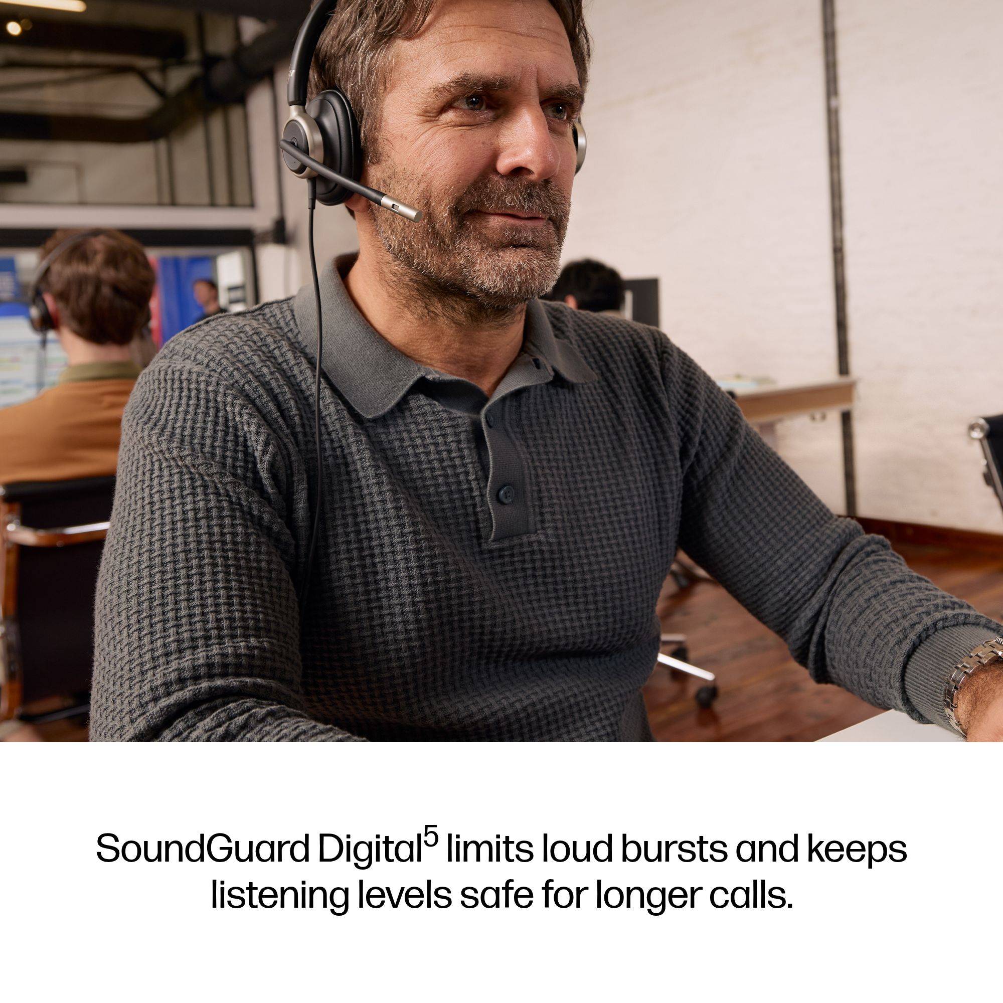 Mann mit Headset im Büro, kombiniert mit Text, der besagt: „SoundGuard Digital
