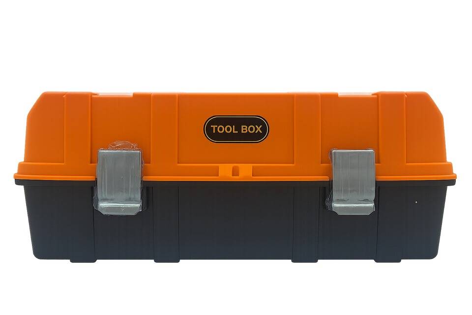 Werkzeugkoffer mit 3 Ebenen 42,5cm - Organizer mit Metallverschlüssen & transparentem Deckelfach - Orange/Schwarz