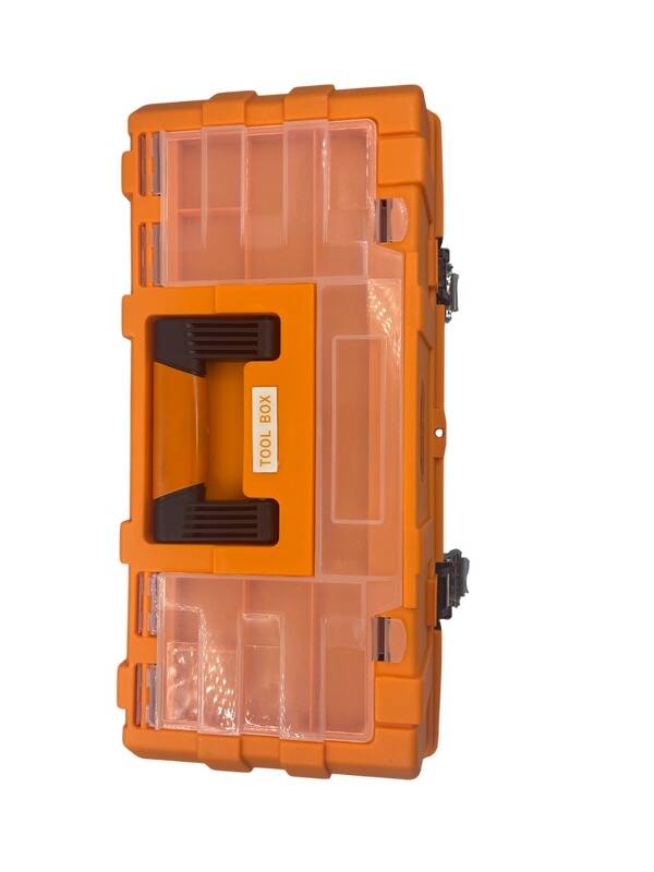 Werkzeugkoffer mit 3 Ebenen 42,5cm - Organizer mit Metallverschlüssen & transparentem Deckelfach - Orange/Schwarz
