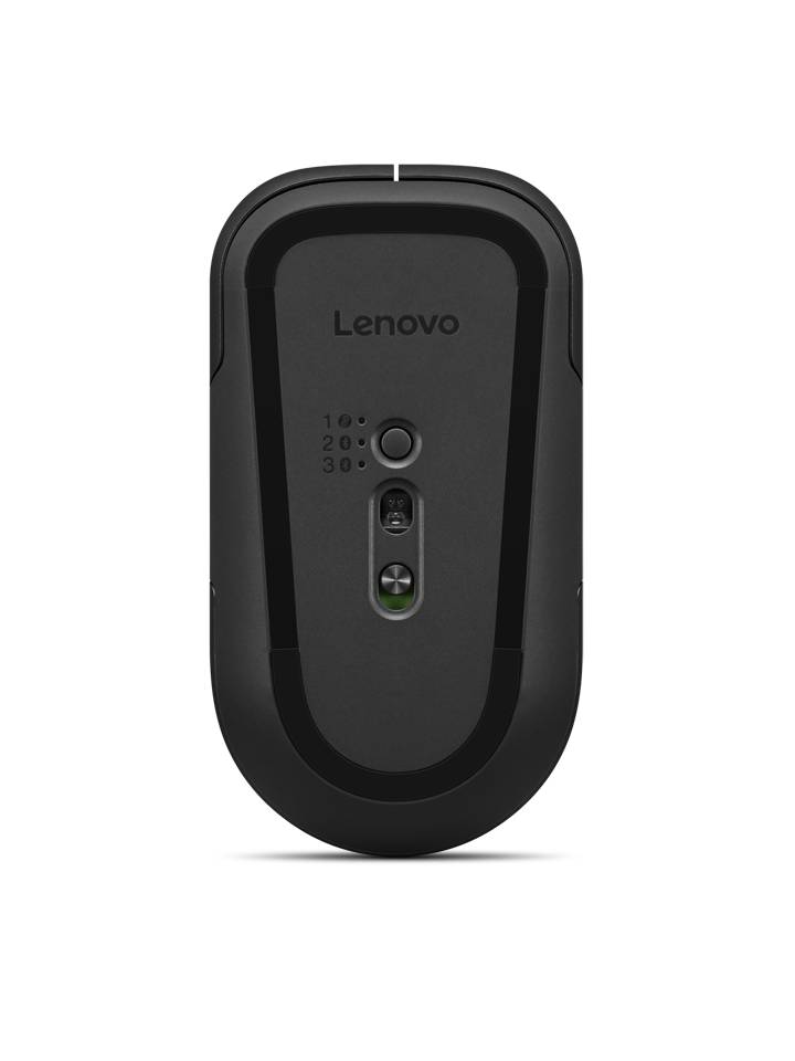 Lenovo kabellose Maus mit einer zentralen Ein-/DPI-Taste, Nummernindikator 1-2-3 und optischem Sensor auf der Unterseite auf schwarzem Hintergrund