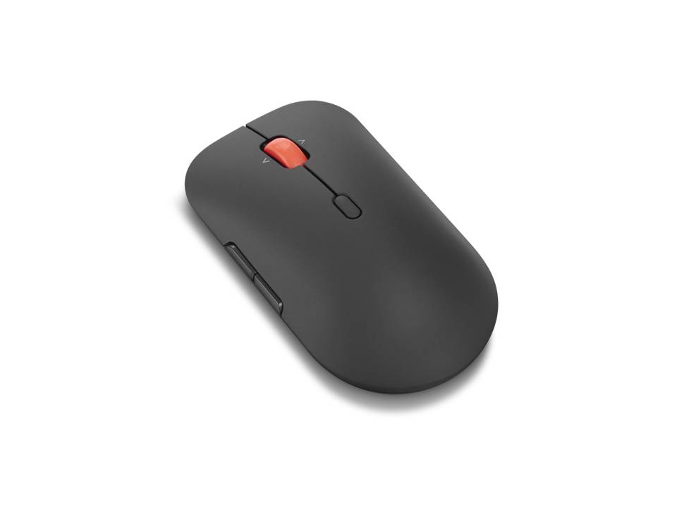 Schwarze kabellose Maus mit einem roten Scrollrad auf einfachem schwarzem Hintergrund.