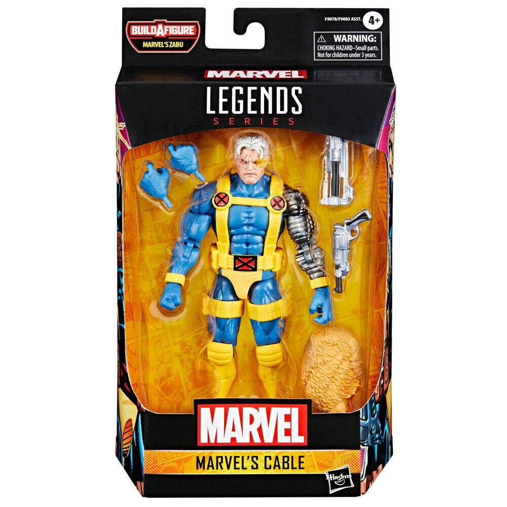 Actionfigur von Marvels Cable im gelben und blauen Kostüm mit Zubehör und Build-a-Figure-Teil, verpackt in einer Legends Series Box.