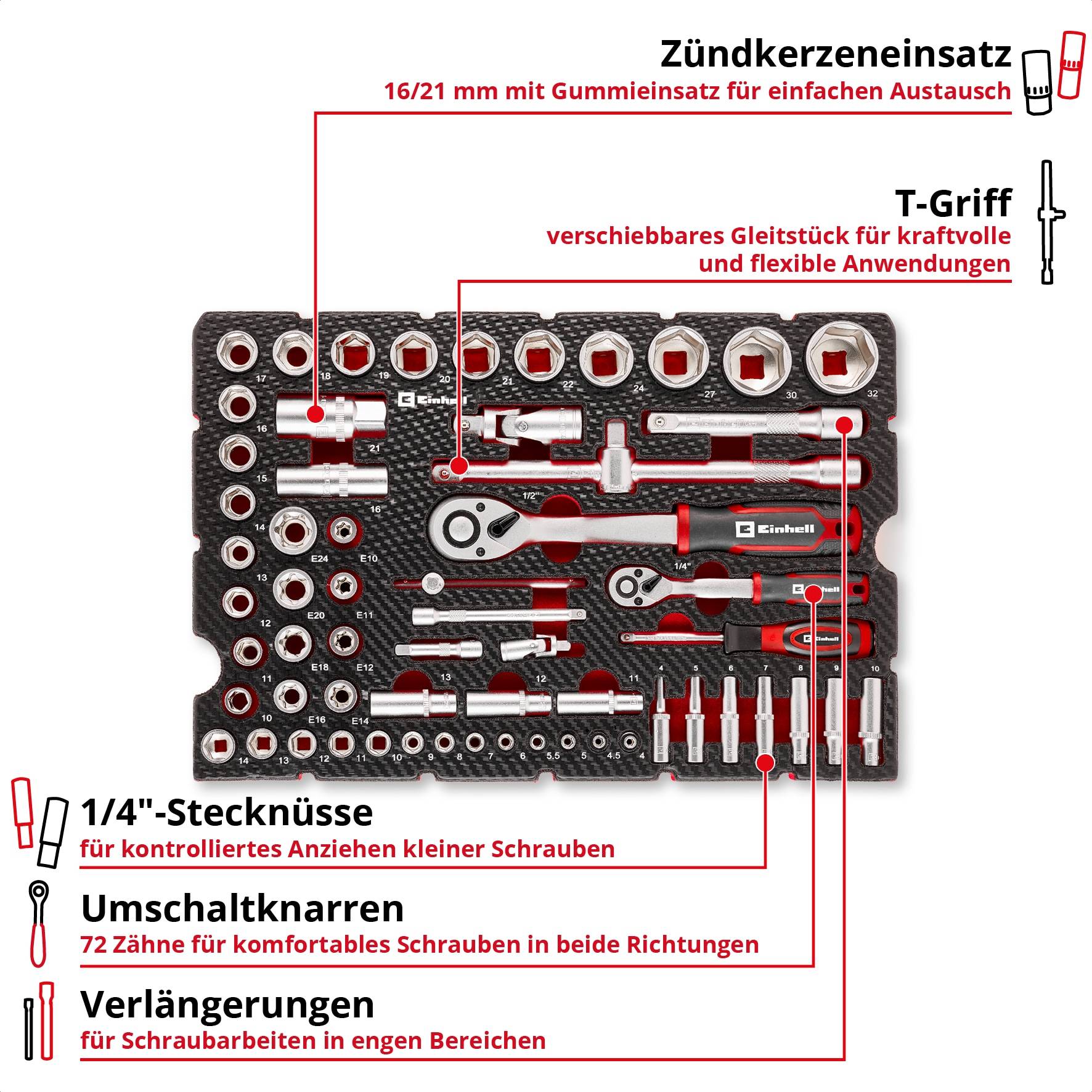 EINHELL E-Case-Einleger Stecknüsse und Ratschen, 370520, 60-teilig