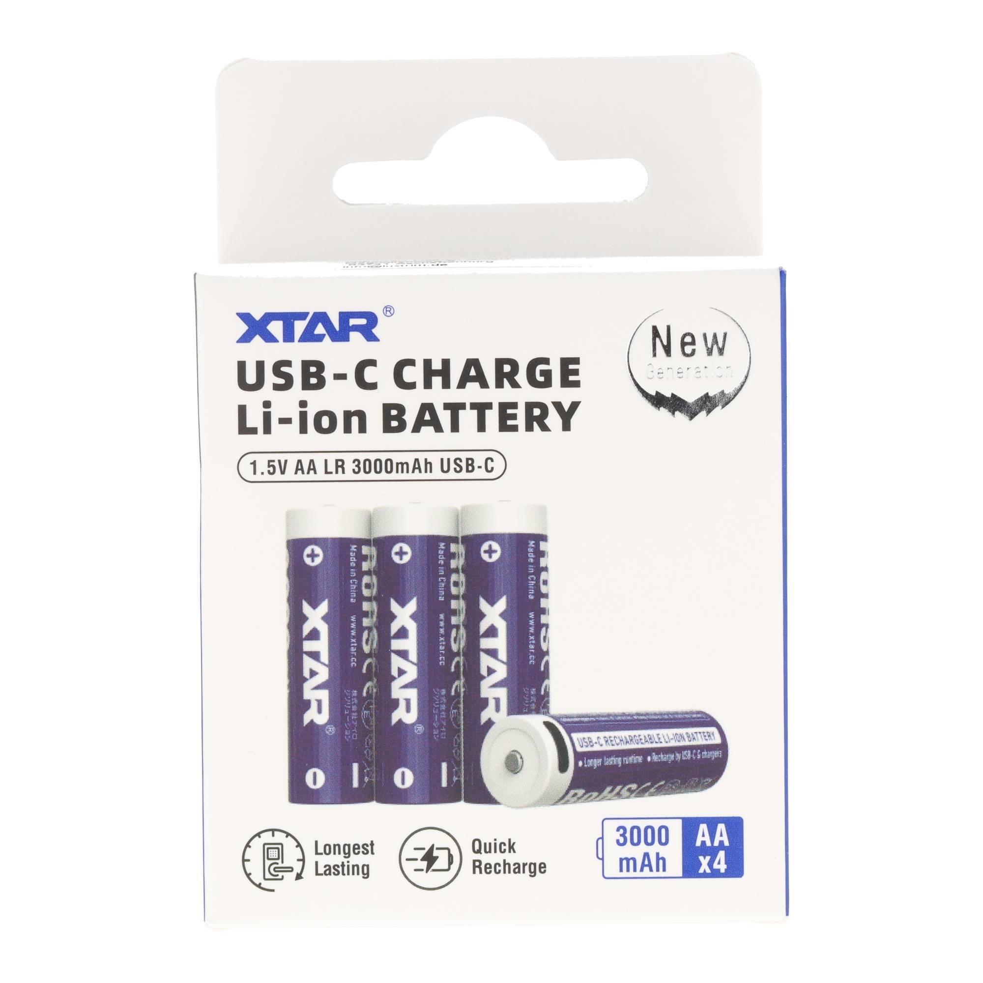 XTAR USB-C wiederaufladbare AA-Lithium-Batteriepack, 1,5V 3000mAh, vier Batterien auf der Einzelhandelverpackung abgebildet.