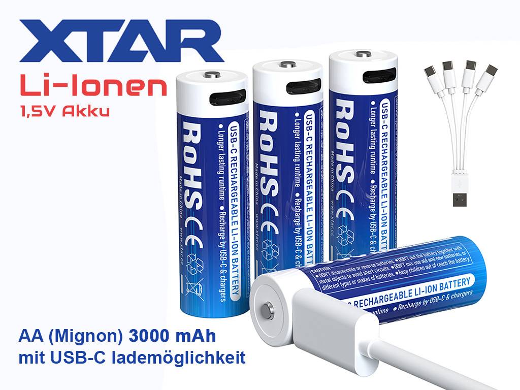 XTAR, 4x AA 1,5V Li-Ionen Akku 3000mAh – USB-C – mit gleichmäßig sinkender Spannung, mit integrierter Ladeelektronik, i