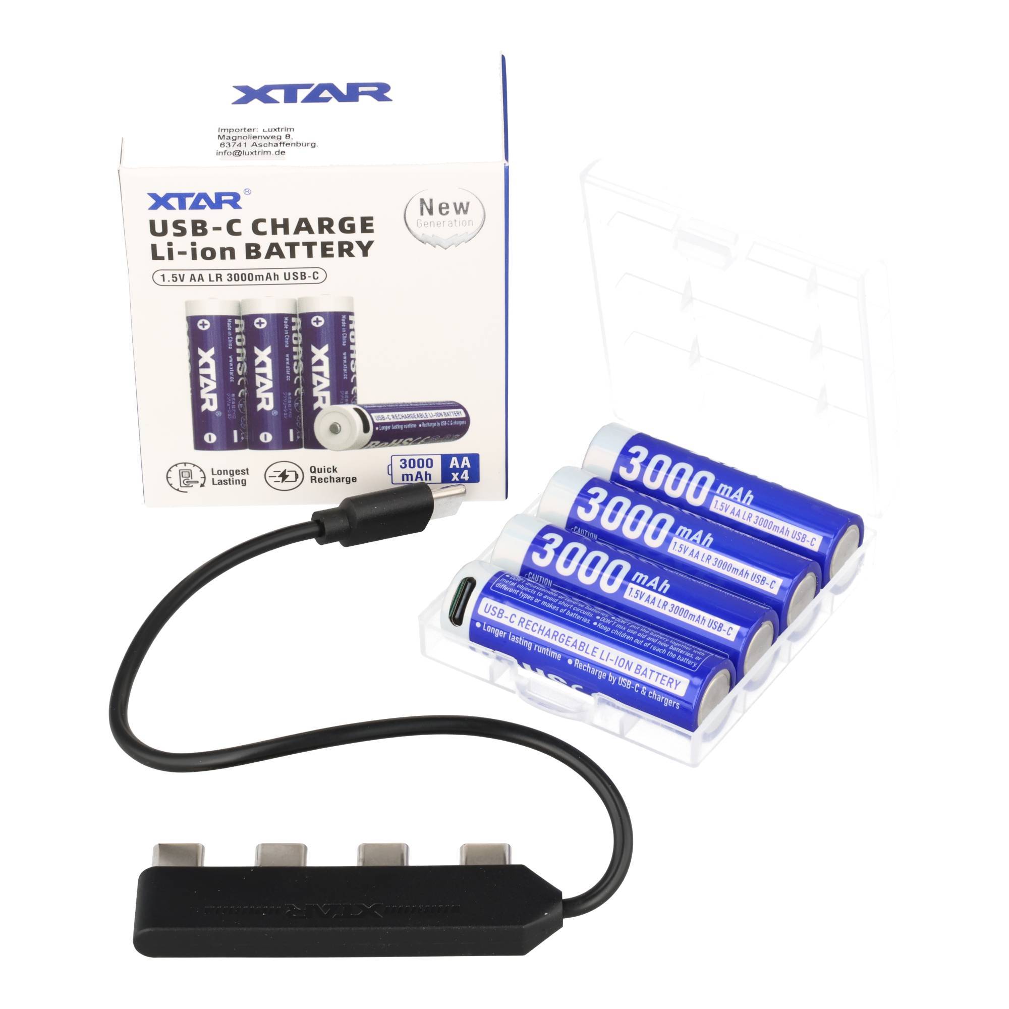 XTAR USB-C wiederaufladbare Lithium-Ionen-AA-Batterien mit 4-Slot-Ladekabel und Koffer, mit einer Kapazität von 3000 mAh.