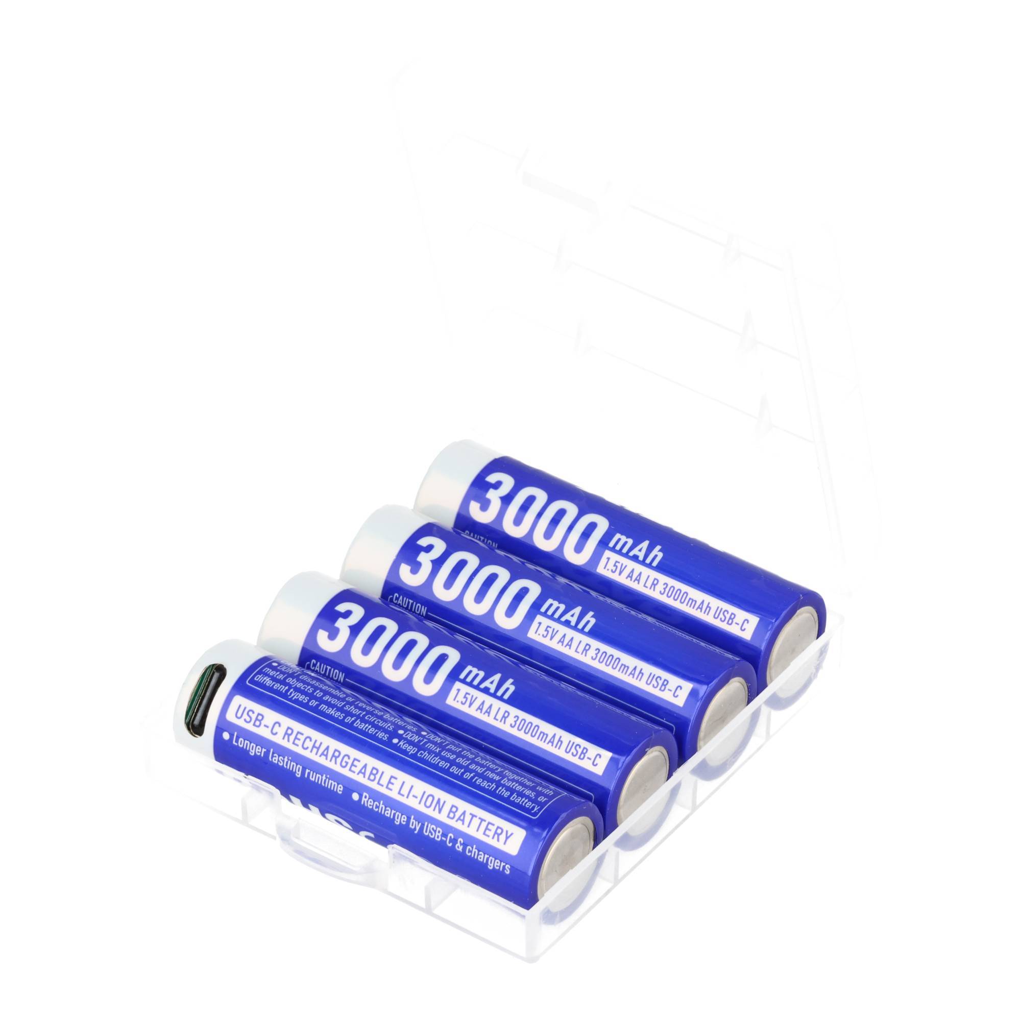 Durchsichtige Kunststoffbox mit vier blauen USB-C aufladbaren 3000-mAh-Lithium-Ionen-Batterien