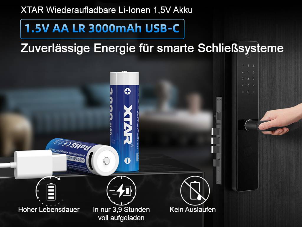 XTAR, 4x AA 1,5V Li-Ionen Akku 3000mAh – USB-C – mit gleichmäßig sinkender Spannung, mit integrierter Ladeelektronik, i