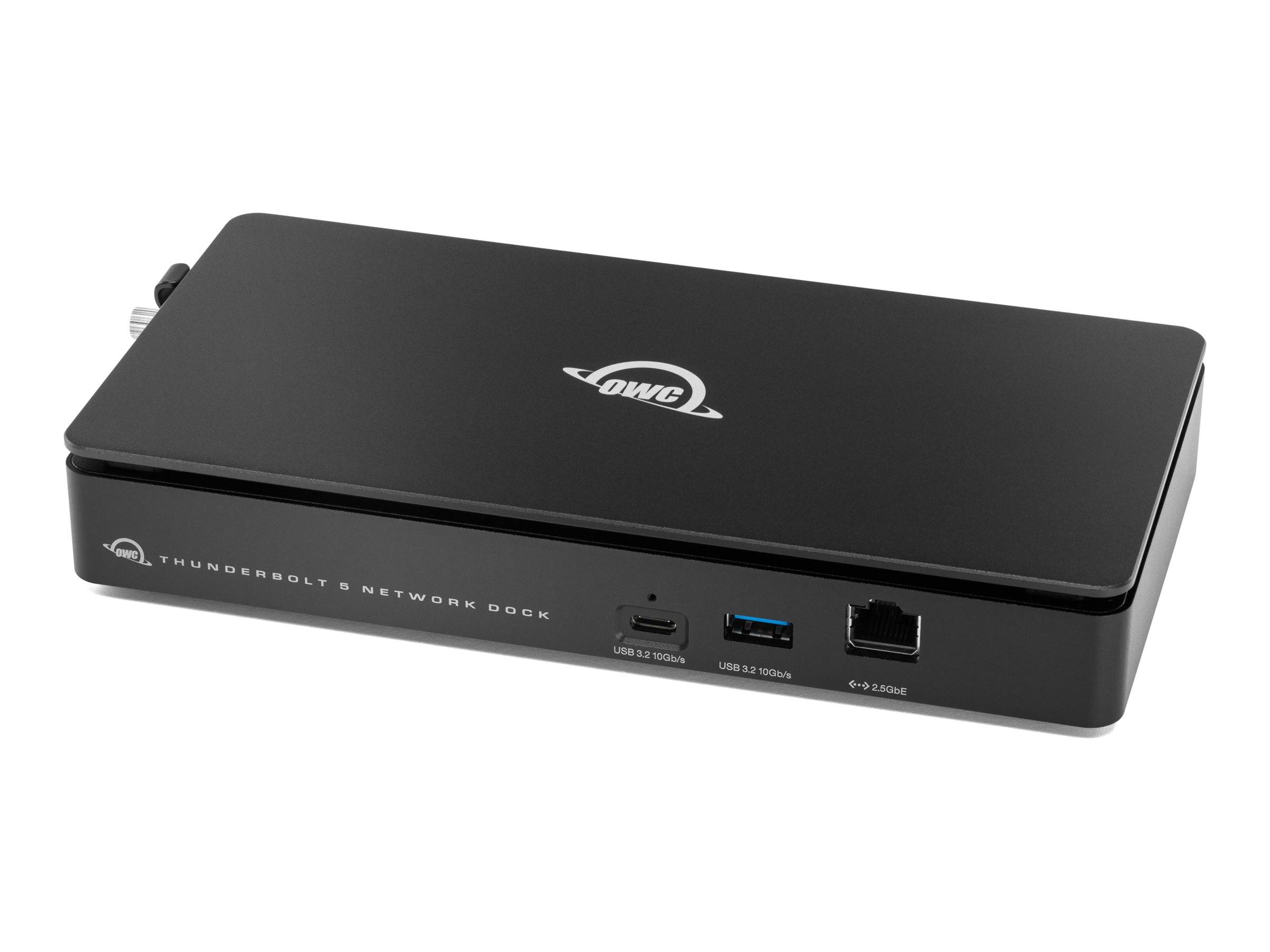 Schwarze OWC Thunderbolt Netzwerk-Dockingstation mit vorderen USB-Anschlüssen, Ethernet-Anschluss und Thunderbolt-3-Anschluss auf weißem Hintergrund