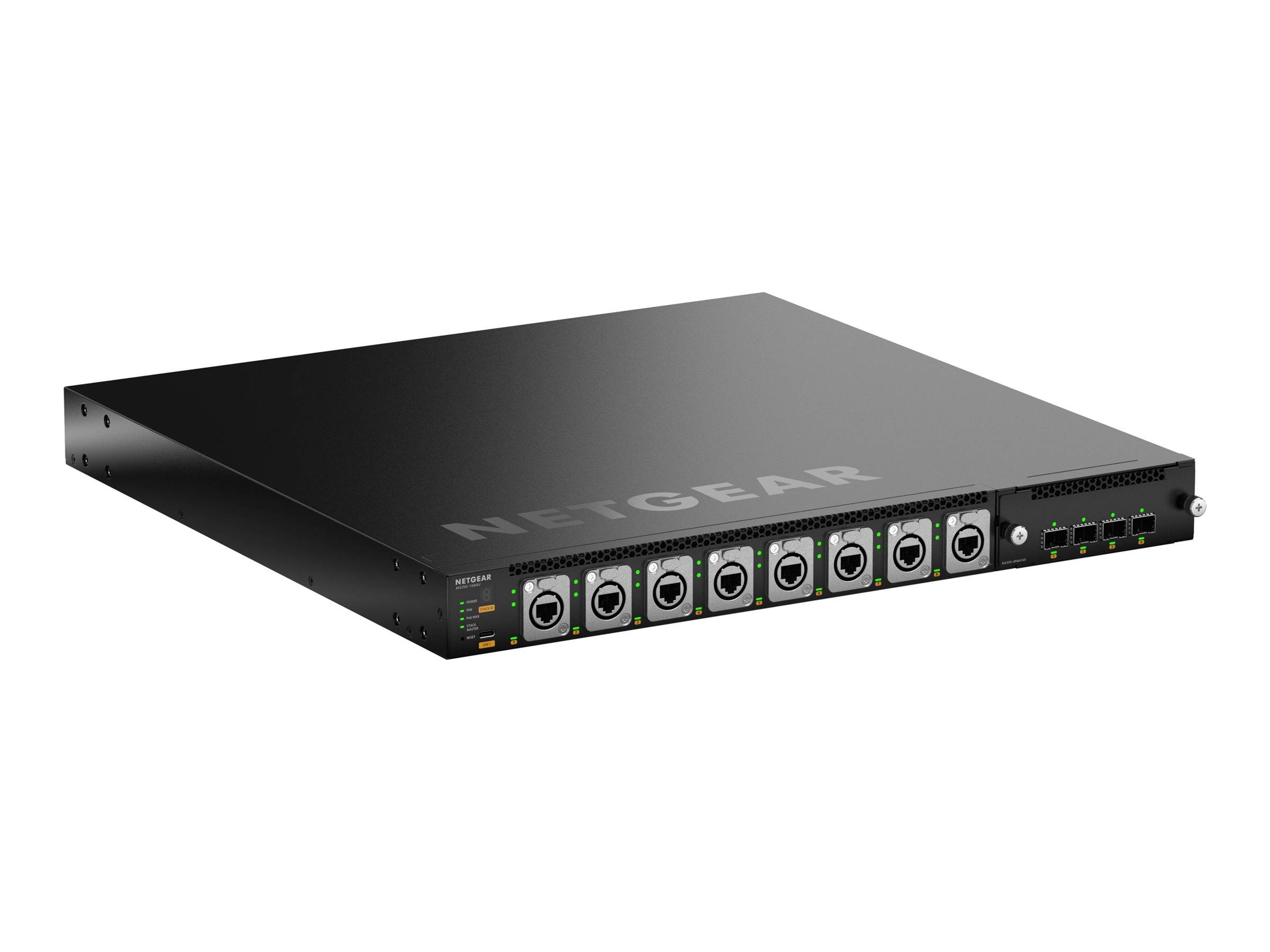 Ein NETGEAR-Rack-Netzwerk-Switch mit mehreren vorderen Ethernet-Anschlüssen und Statusleuchten auf weißem Hintergrund.