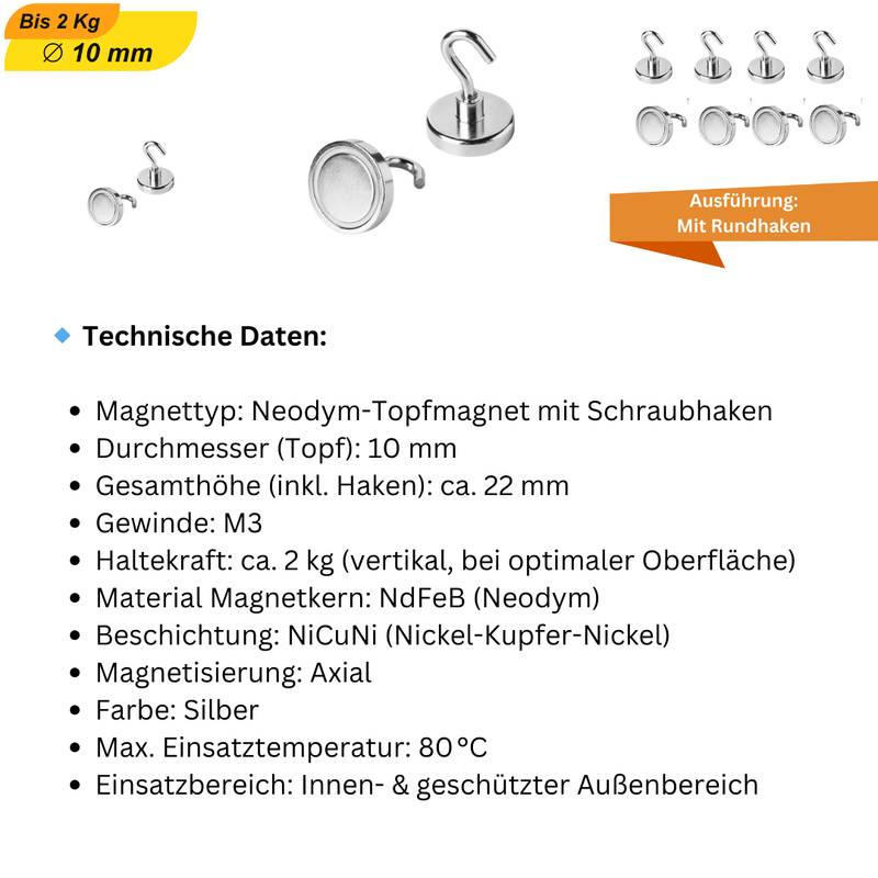 1 Stück Magnethaken Topfmagnet mit Haken D 10 mm 2 Kg Neodym Magnet M3 Gewinde