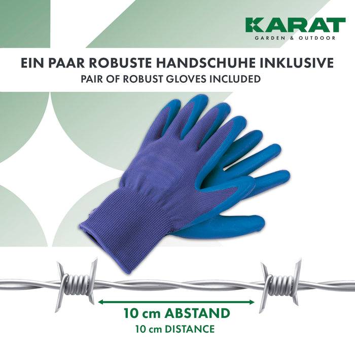 KARAT Stacheldraht - 16 m - Stärke: 1,7 - Inklusive Handschuhe - Verzinkt