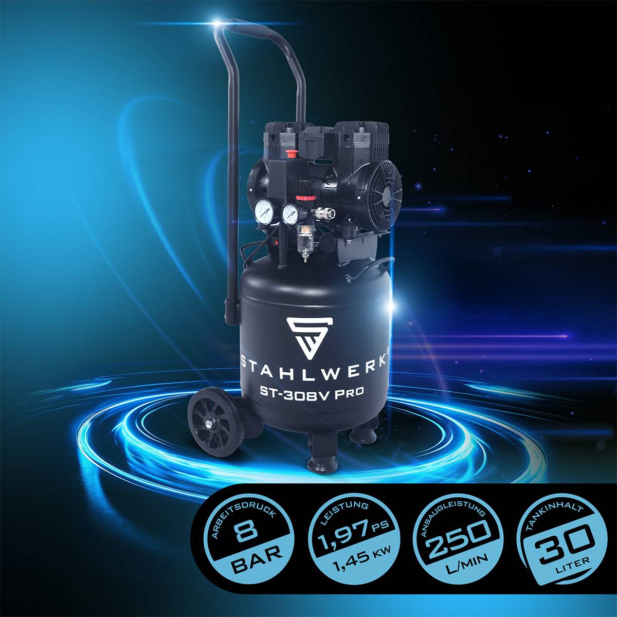 STAHLWERK Kompressor 8 bar 30 L 1,97 PS 1,45 kW 250 l/min Kompaktkompressor