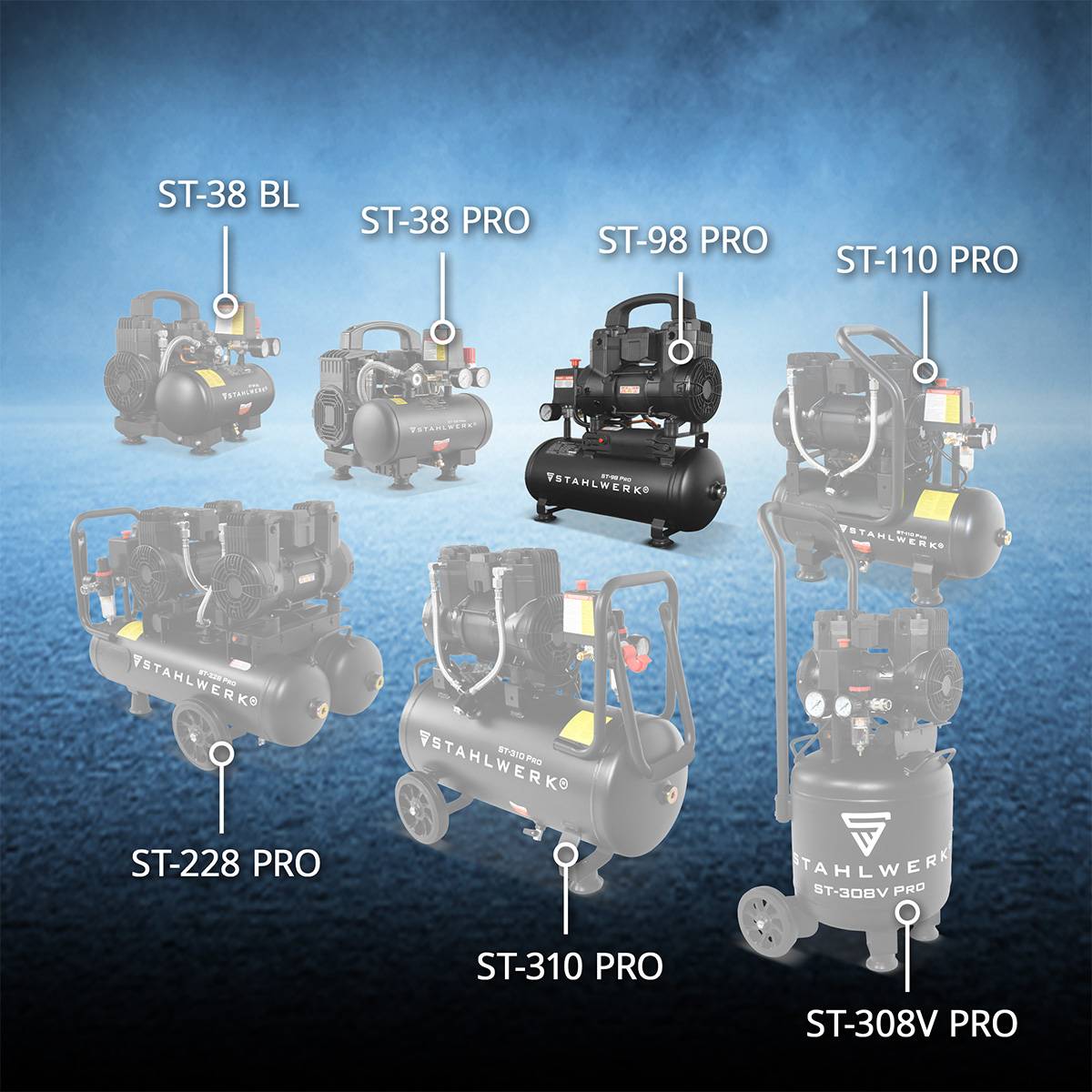 STAHLWERK Kompressor mit 9 L Tank (ST-98 Pro) Set ölfrei & leise 8 bar Brushless