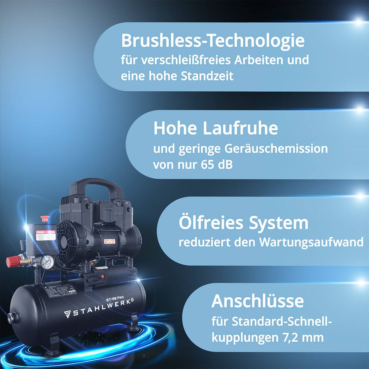 STAHLWERK Kompressor mit 9 L Tank (ST-98 Pro) Set ölfrei & leise 8 bar Brushless