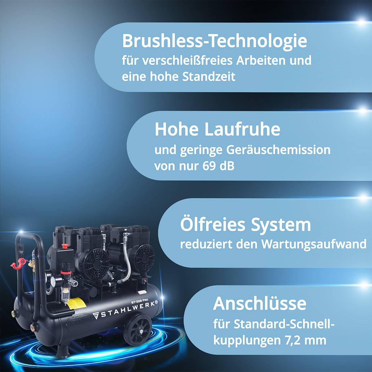 STAHLWERK Kompressor 8 bar 22 L im Set Reifenfüller Schlauch Pistole Verteiler