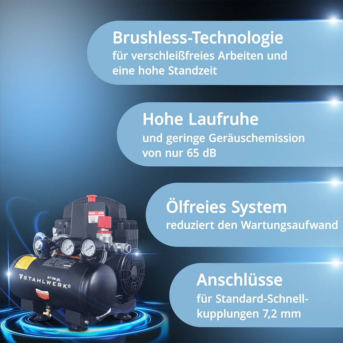 STAHLWERK Kompressor 8 bar 3 L 1,22 PS Reifenfüller Schlauch Pistole Verteiler