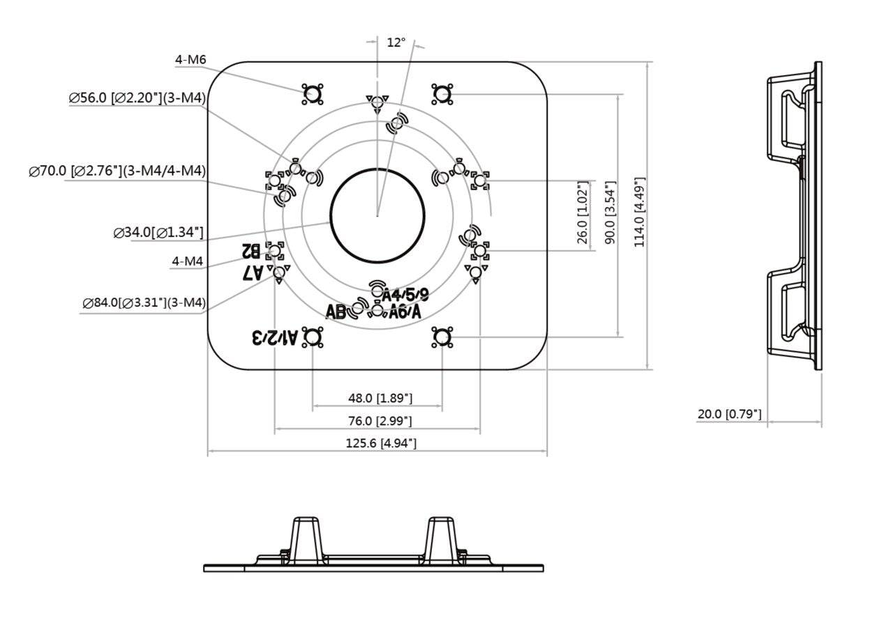 Technische Zeichnung einer quadratischen Montageplatte mit einer zentralen Kreisöffnung, mehreren Schraubenlöchern und gekennzeichneten Abmessungen in Vorder- und Seitenansicht.