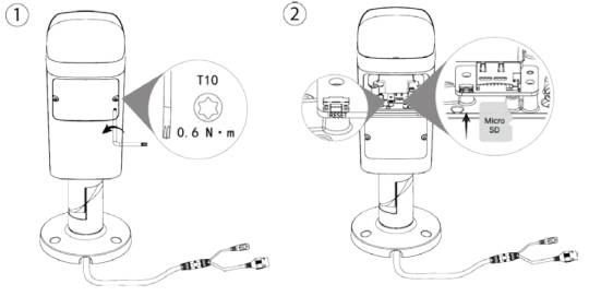 Installationsdiagramm in zwei Schritten für ein Gerät: Zunächst eine Schraube mit einem T10-Schraubendreher auf 0,6 N·m anziehen, dann eine Micro-SD-Karte in den Schlitz einführen.