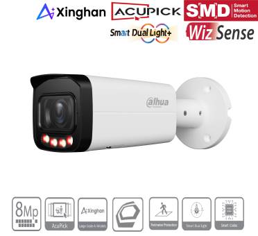 Weiße Dahua-Sicherheitskamera mit schwarzer Linse und roten LEDs auf Wandhalterung, mit Logos für Xinghan, AcuPick, SMD, WizSense und Funktionssymbolen einschließlich 8MP und intelligenter Erkennung.