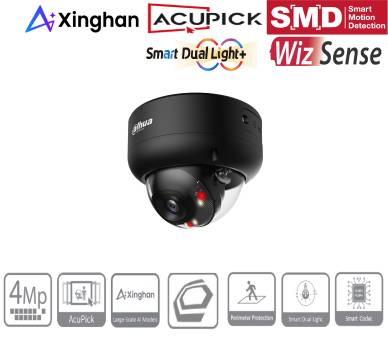 Produktbild einer Dahua-Domenkamera mit Logos der Funktionen „Smart Dual Light+", „WizSense"", „Acupick"" und „SMD"".